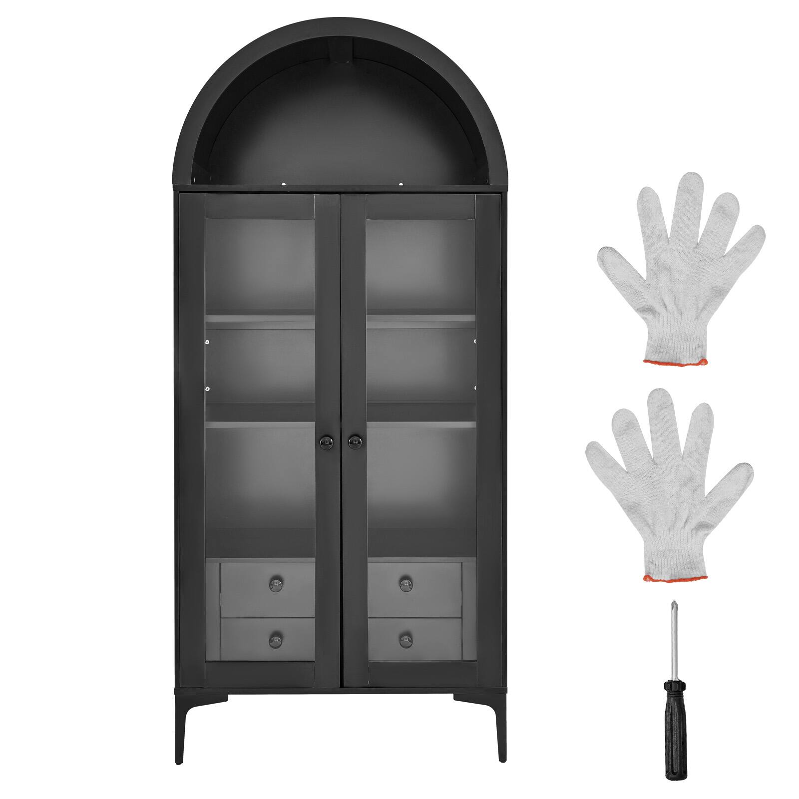 Alt View 5. VEVOR - Arched Display Cabinet with Glass Doors, 70 in Tall Curio Cabinet, 4-Tier Display Case - Black.