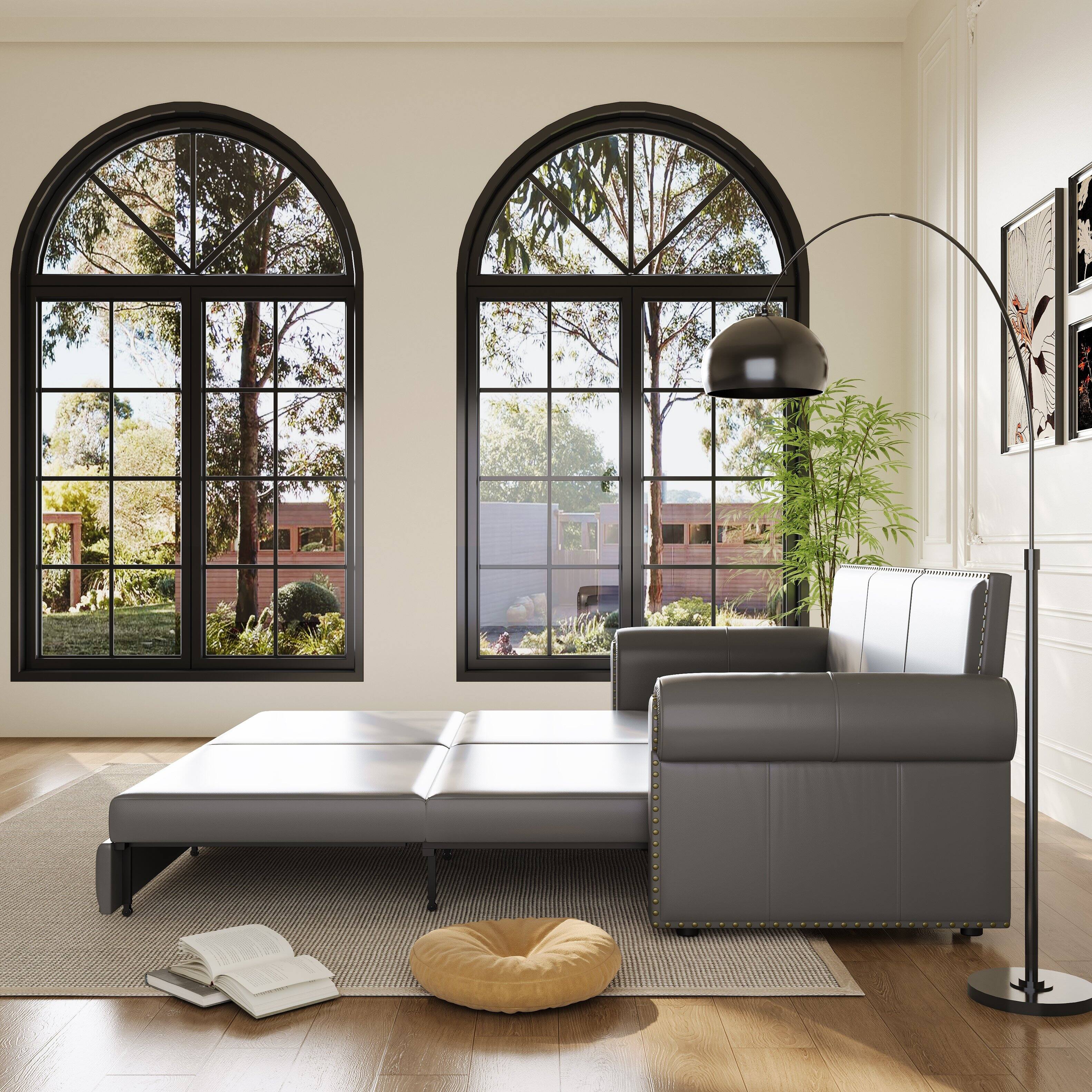 Alt View 1. Anysun - 93.7" 3-in-1 Faux Leather Convertible Sofa Bed - King Pull-Out Sleeper, Nailhead Trim & Rolled Arms for Living Room - Gray.