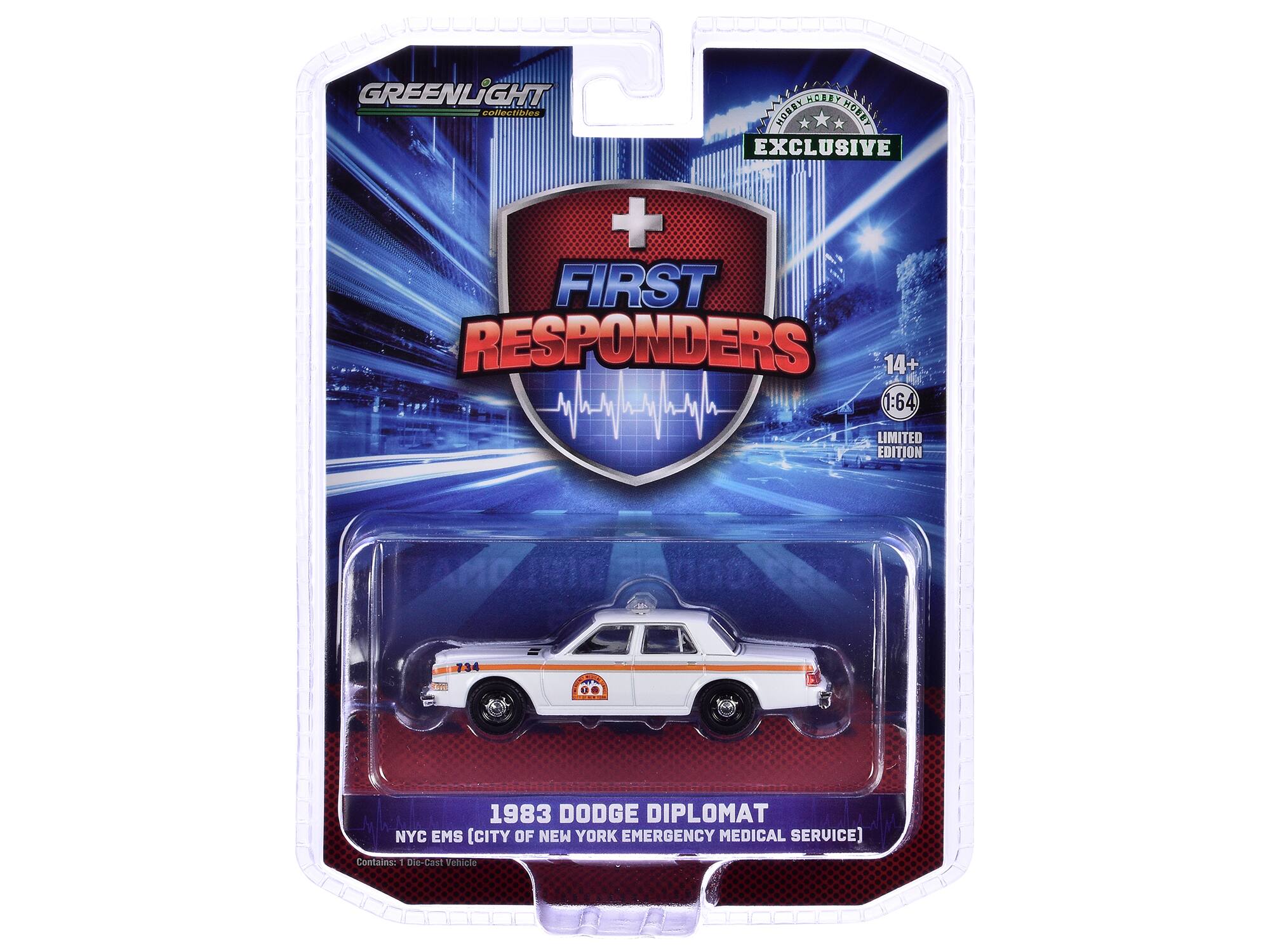 GREENLIGHT collectibles  
MOREY HOY  
EXCLUSIVE  
FIRST RESPONDERS  
14+  
1:64  
LIMITED EDITION  

1983 DODGE DIPLOMAT  
NYC EMS (CITY OF NEW YORK EMERGENCY MEDICAL SERVICE)  
Contains: 1 die-cast Vehicle