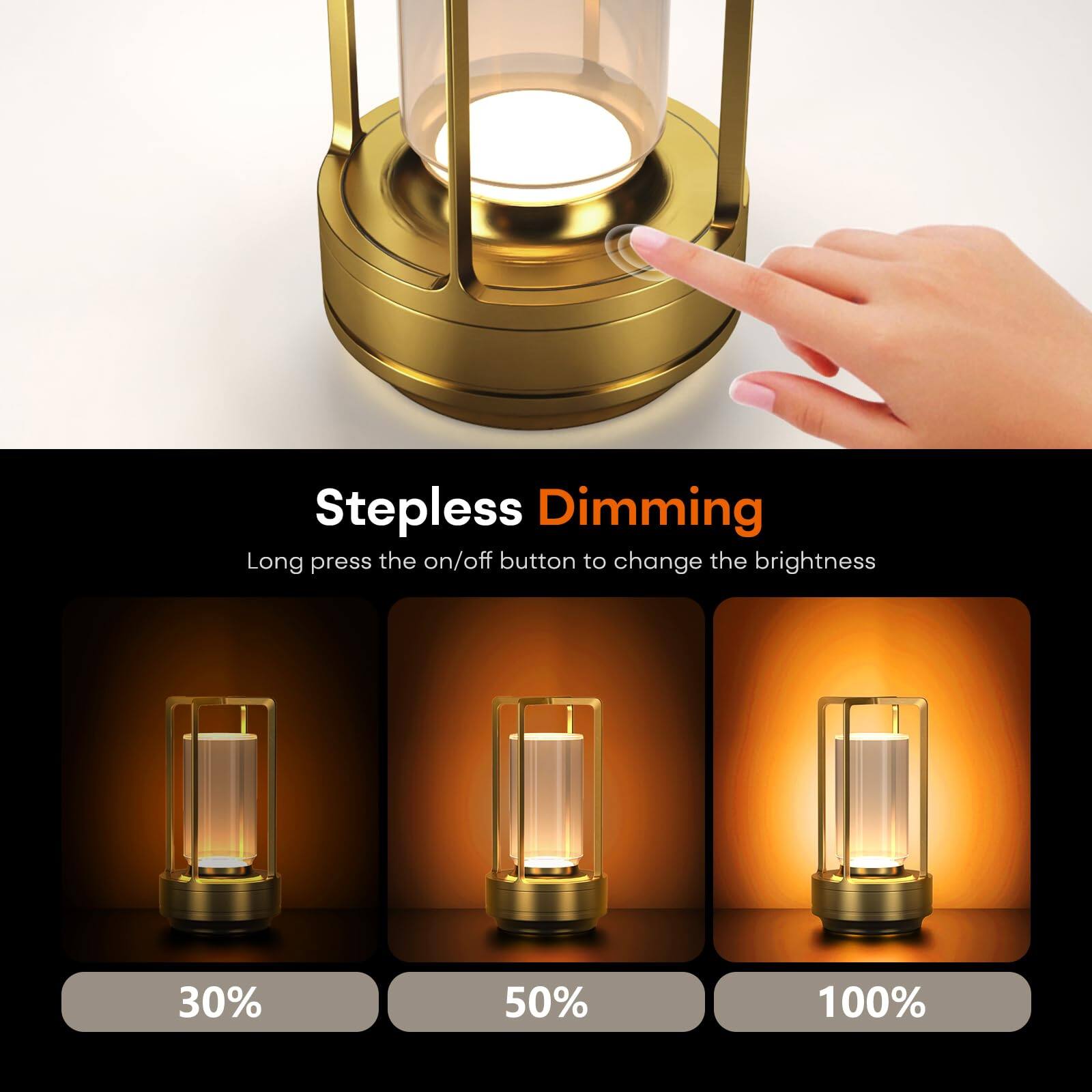 Stepless Dimming  
Long press the on/off button to change the brightness  
30% 50% 100%