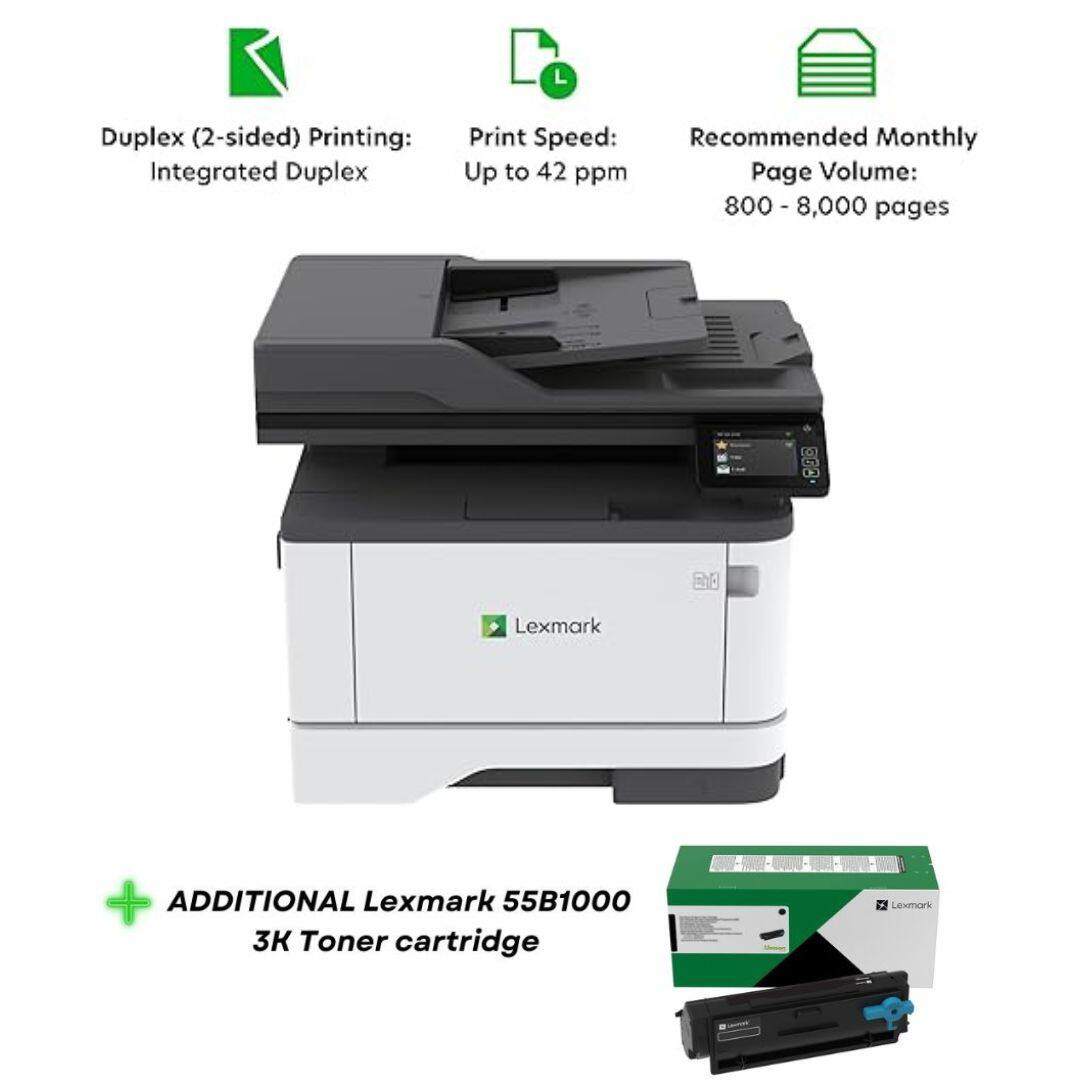 Duplex (2-sided) Printing: Integrated Duplex  
Print Speed: Up to 42 ppm  
Recommended Monthly Page Volume: 800 - 8,000 pages  

Lexmark  
+ ADDITIONAL Lexmark 55B1000 3K Toner cartridge