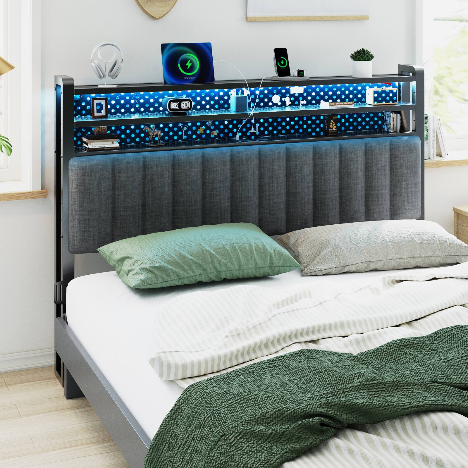 Alt View 8. Winado - Queen Size Adjustable Upholstered Headboard Only with 3 Tier Shelves and Pegboard with Charging Stations and LED Lights - Linen & Dark Gray.