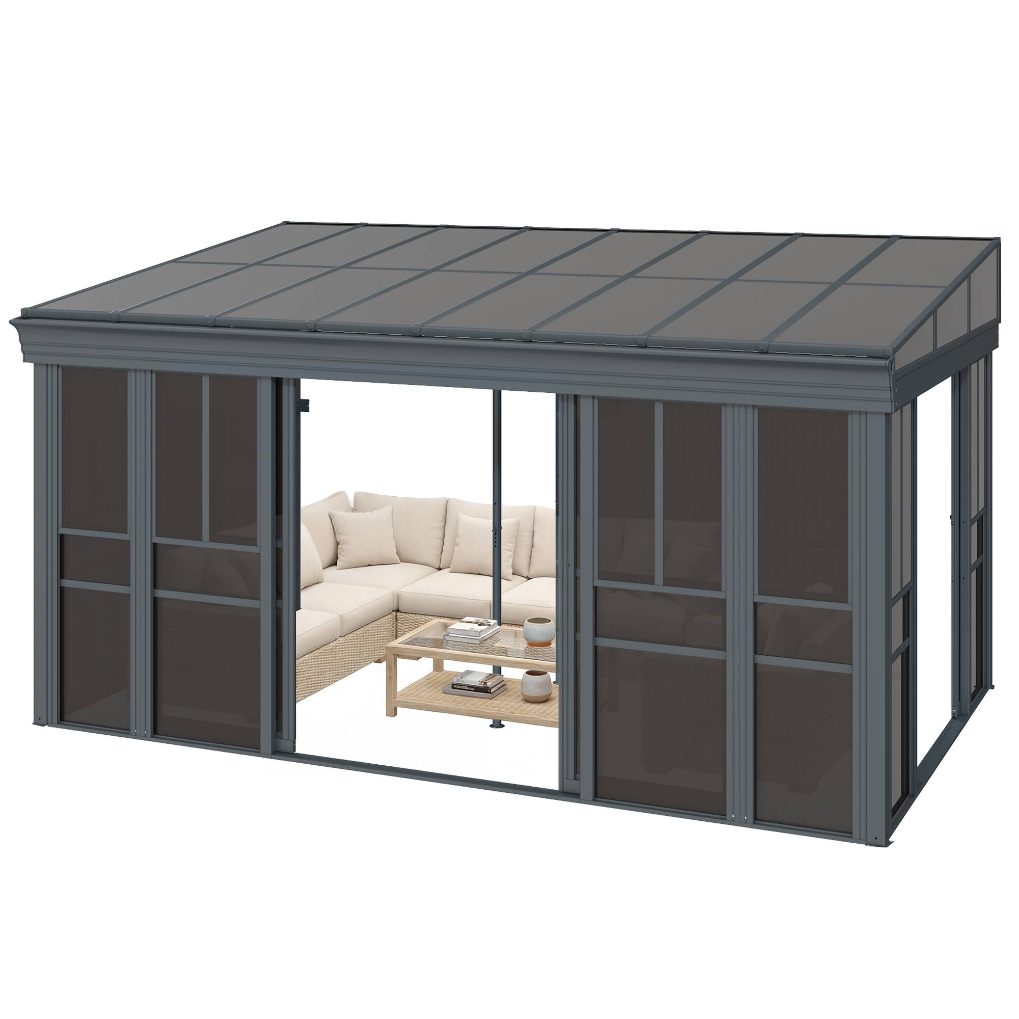 Alt View 6. U-HOMY - Grey Wall-Mounted Solarium Sunroom Kit with Sliding Doors and Adjustable Polycarbonate Windows - 10'x16'.