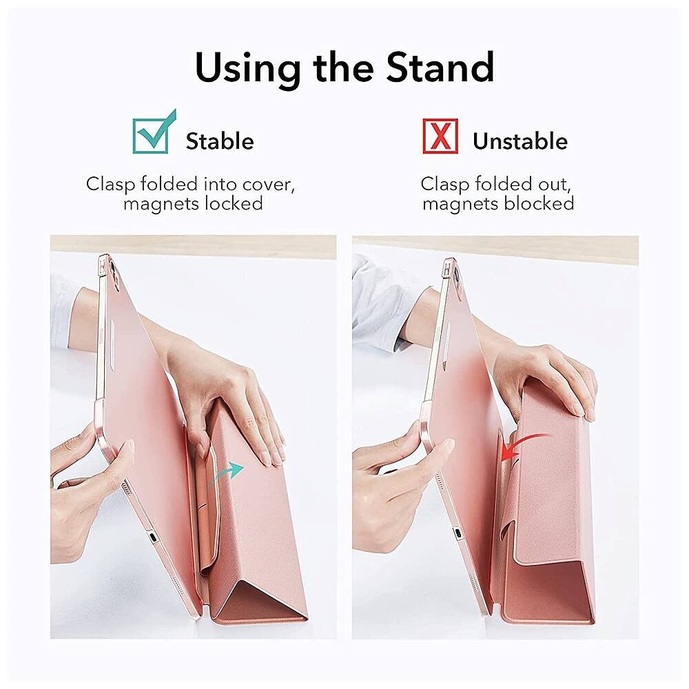 Using the Stand: Stable
Clasp folded into cover, magnets locked
Clasp folded out, magnets blocked