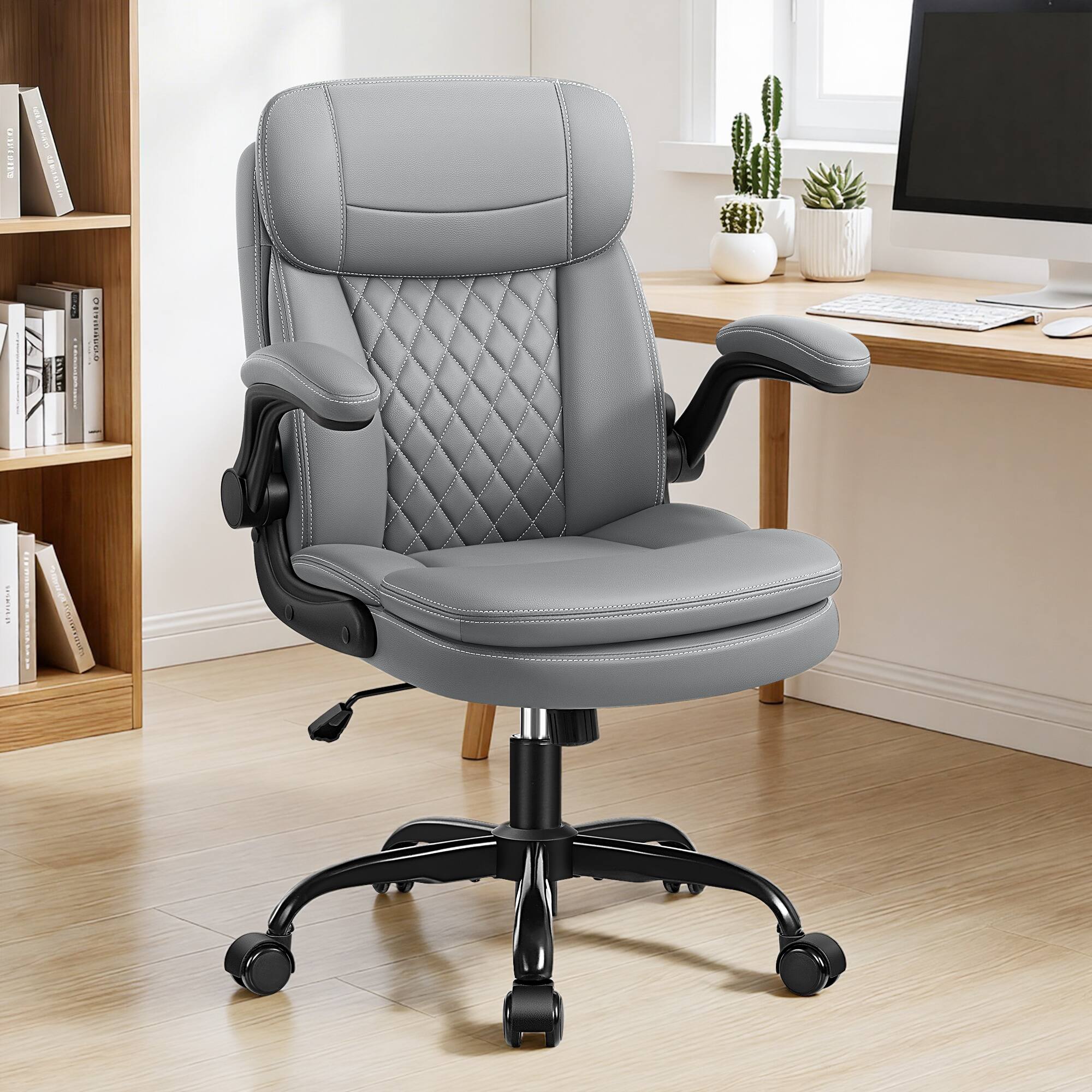 KERDOM - Computer Desk Chair with Double-Layer Seat Cushion & Neckrest, Ergonomic PU Small Office Chair with Adjustable Armrest - Gray