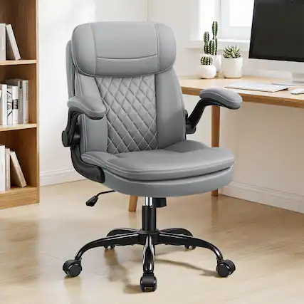 Front. KERDOM - Computer Desk Chair with Double-Layer Seat Cushion & Neckrest, Ergonomic PU Small Office Chair with Adjustable Armrest - Grey.