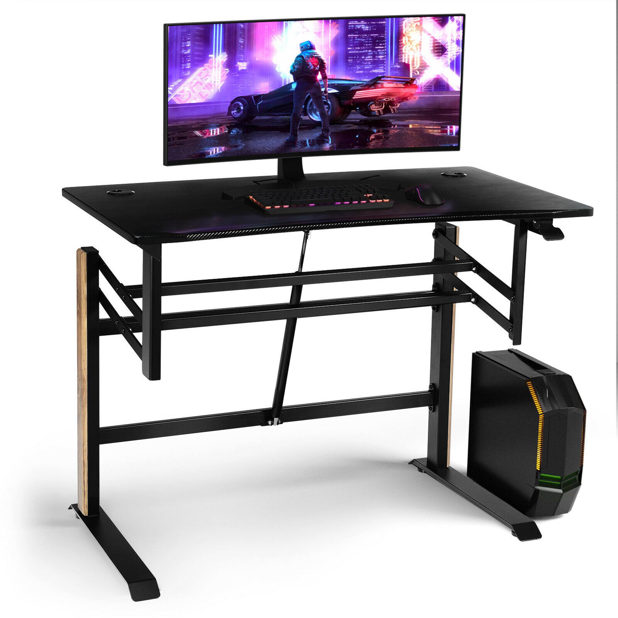 Front. Gymax - Gymax Pneumatic Height Adjustable Gaming Desk T Shaped Game Station w/Power Strip Tray - Black.