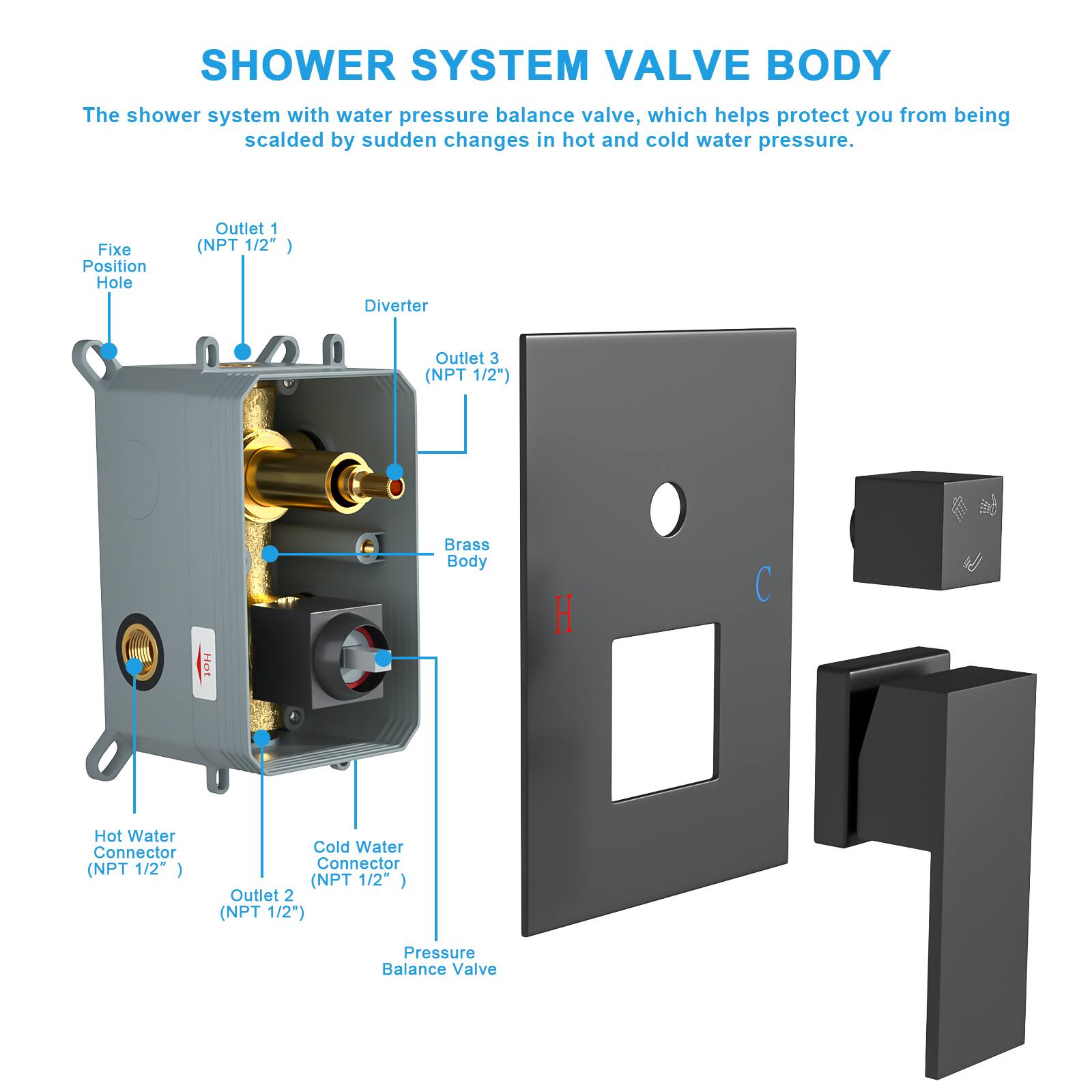 SHOWER SYSTEM VALVE BODY

The shower system with water pressure balance valve, which helps protect you from being scalded by sudden changes in hot and cold water pressure.

- Fixe Position Hole
- Outlet 1 (NPT 1/2")
- Diverter
- Outlet 3 (NPT 1/2")
- Hot Water Connector (NPT 1/2")
- Cold Water Connector (NPT 1/2")
- Outlet 2 (NPT 1/2")
- Pressure Balance Valve
- Brass Body