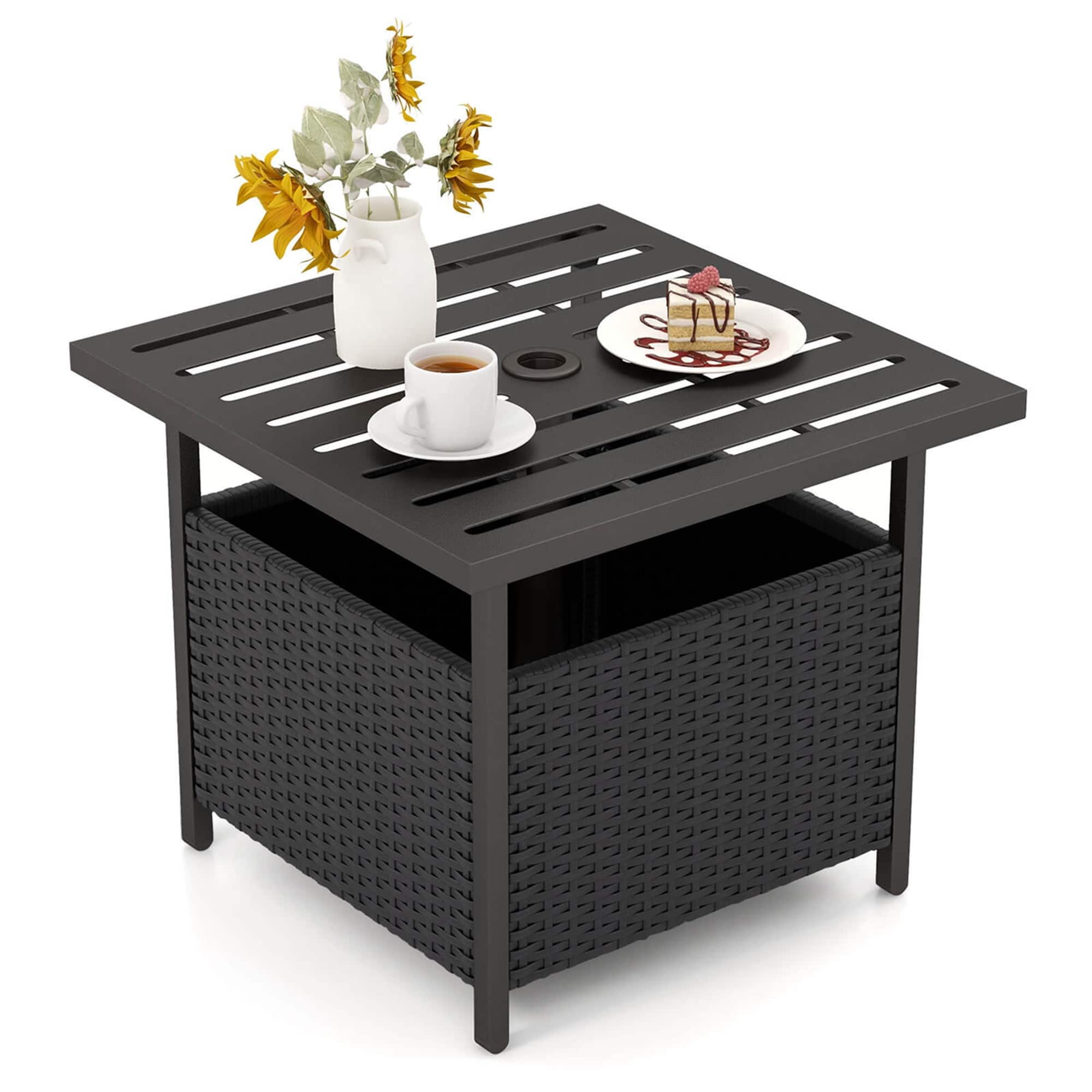 Front. Costway - Rattan Wicker Steel Side Table Outdoor Furniture Deck Garden Patio Pool - Black.