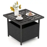 Costway Rattan Wicker Steel Side Table Outdoor Furniture Deck Garden Patio Pool - Black - Front_Zoom