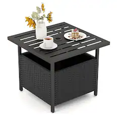 Front. Costway - Rattan Wicker Steel Side Table Outdoor Furniture Deck Garden Patio Pool - Black.