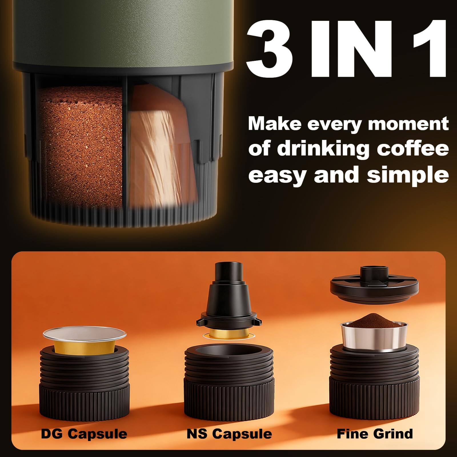 3 IN 1  
Make every moment of drinking coffee easy and simple  

DG Capsule  
NS Capsule  
Fine Grind