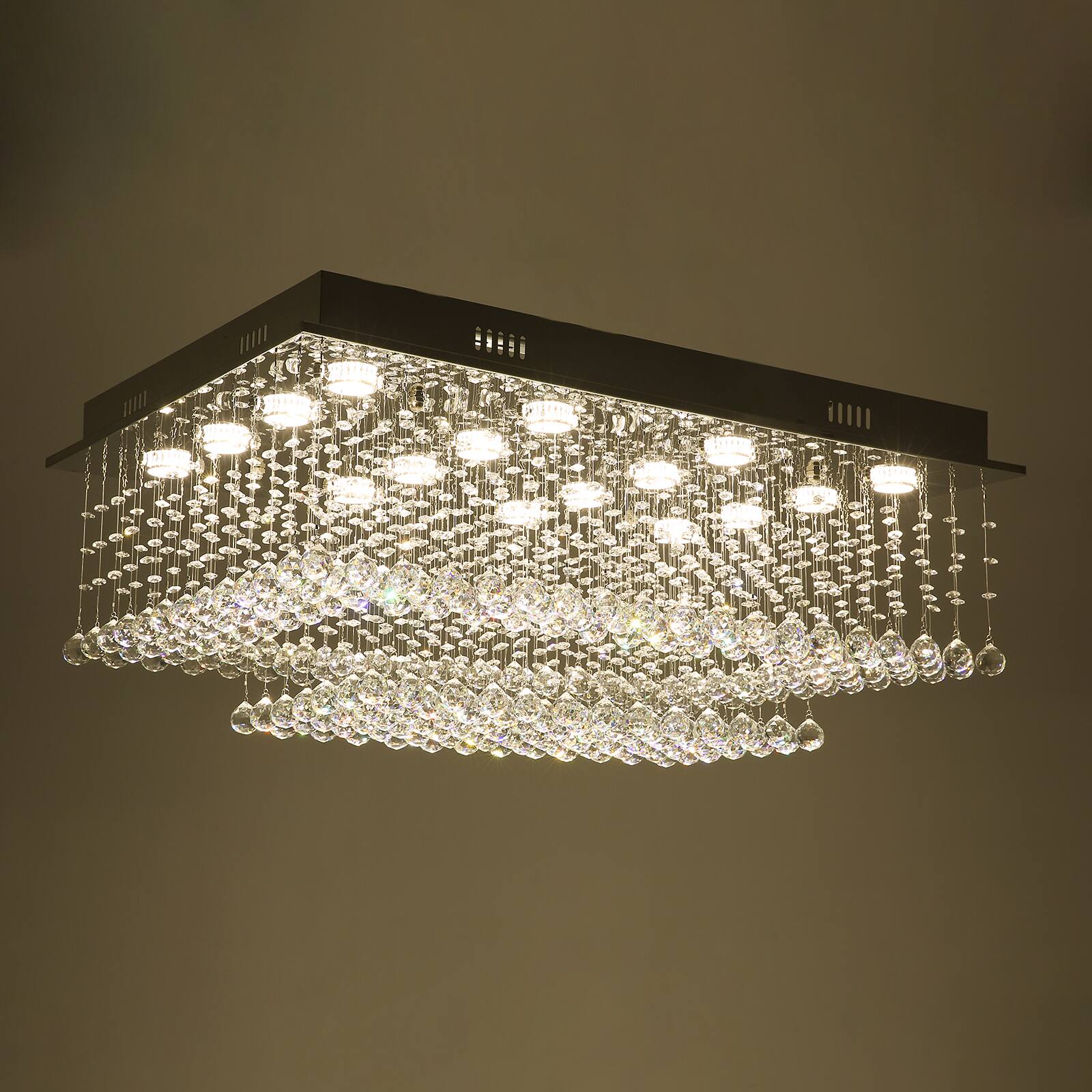Alt View 8. Siljoy - 35.4" Luxury Rectangular K9 Crystal Flush Mount Light, Modern Waterfall Chandelier for Living Room Dining Foyer - Chrome.