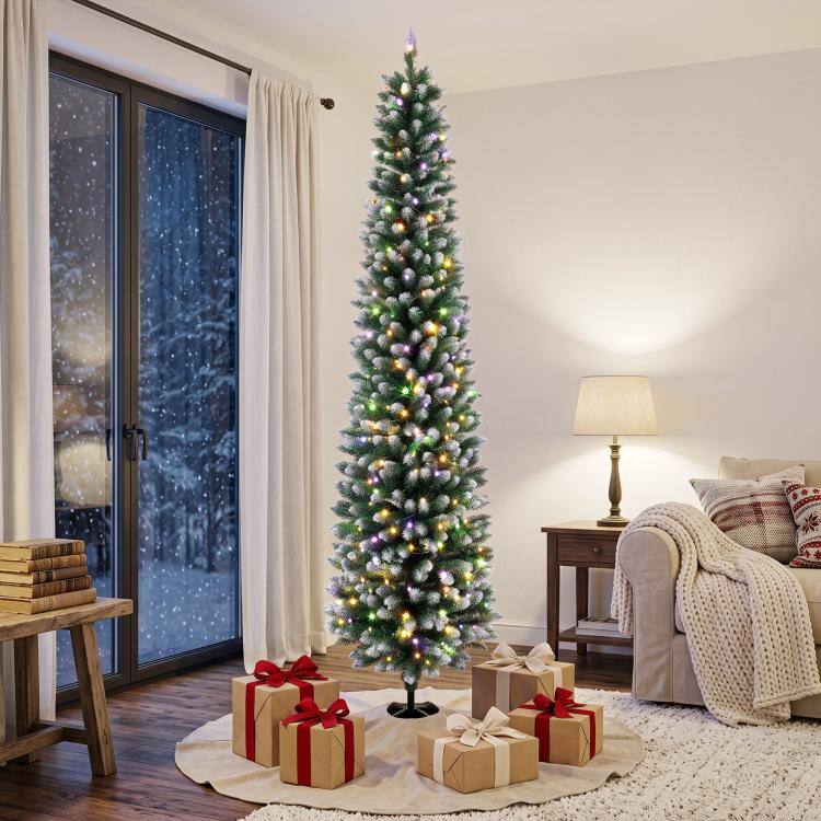 PULUZ 8ft Pencil Prelit Christmas Tree, Dual Color, Flocked White and ...