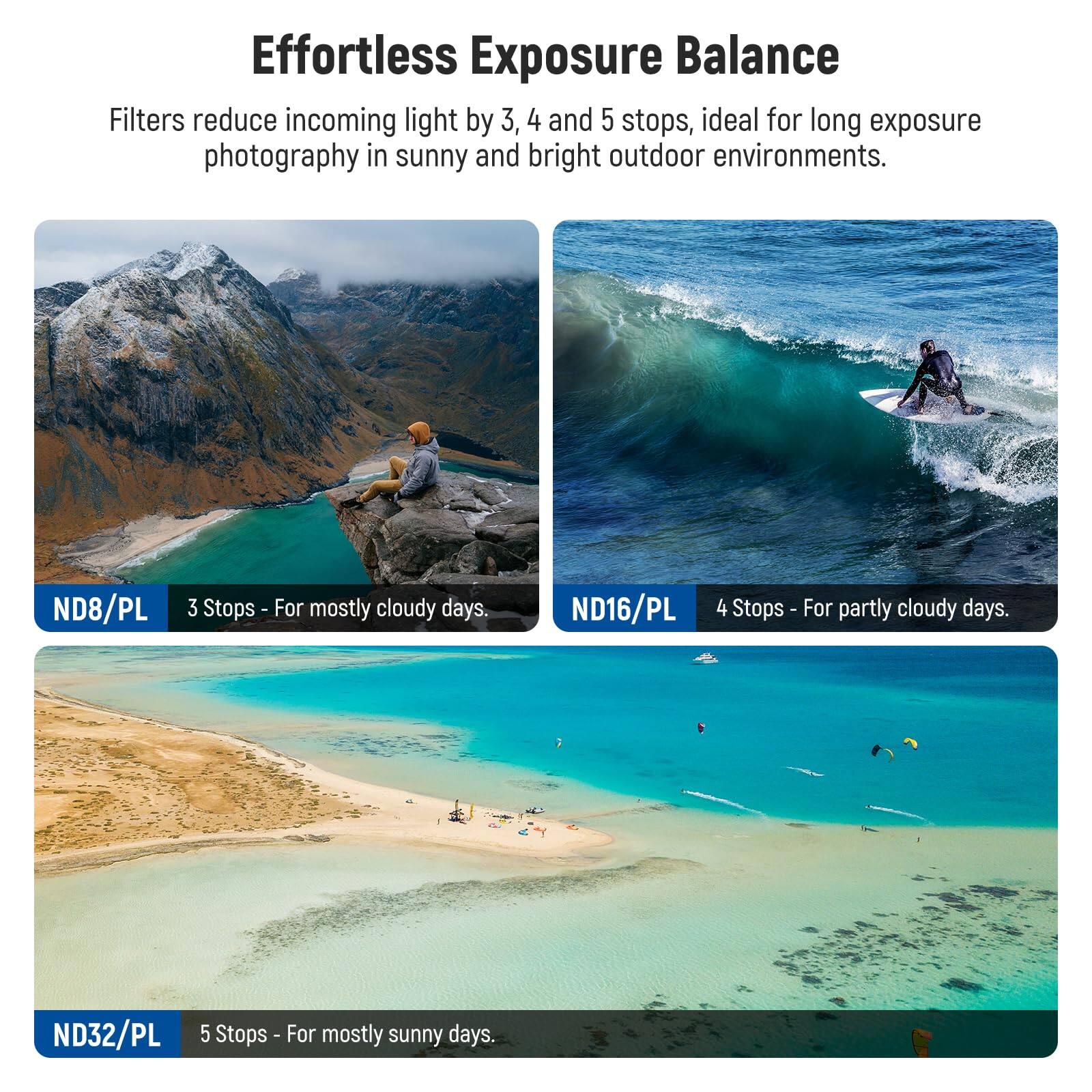 Effortless Exposure Balance Filters reduce incoming light by 3, 4, and 5 stops, ideal for long exposure photography in sunny and bright outdoor environments.

- ND8/PL 3 Stops - For mostly cloudy days.
- ND16/PL 4 Stops - For partly cloudy days.
- ND32/PL 5 Stops - For mostly sunny days.