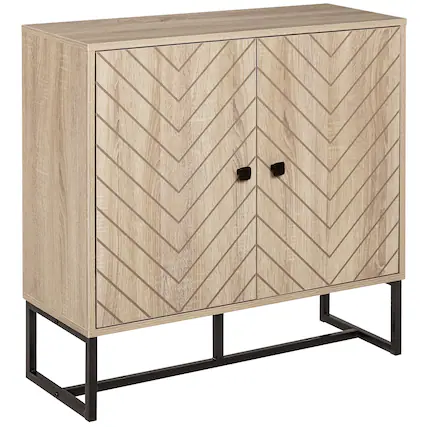 Front. Homcom - Buffet Cabinet, Modern Sideboard with Adjustable Shelf, Steel Base and 2 Chevron Doors - Natural Wood.