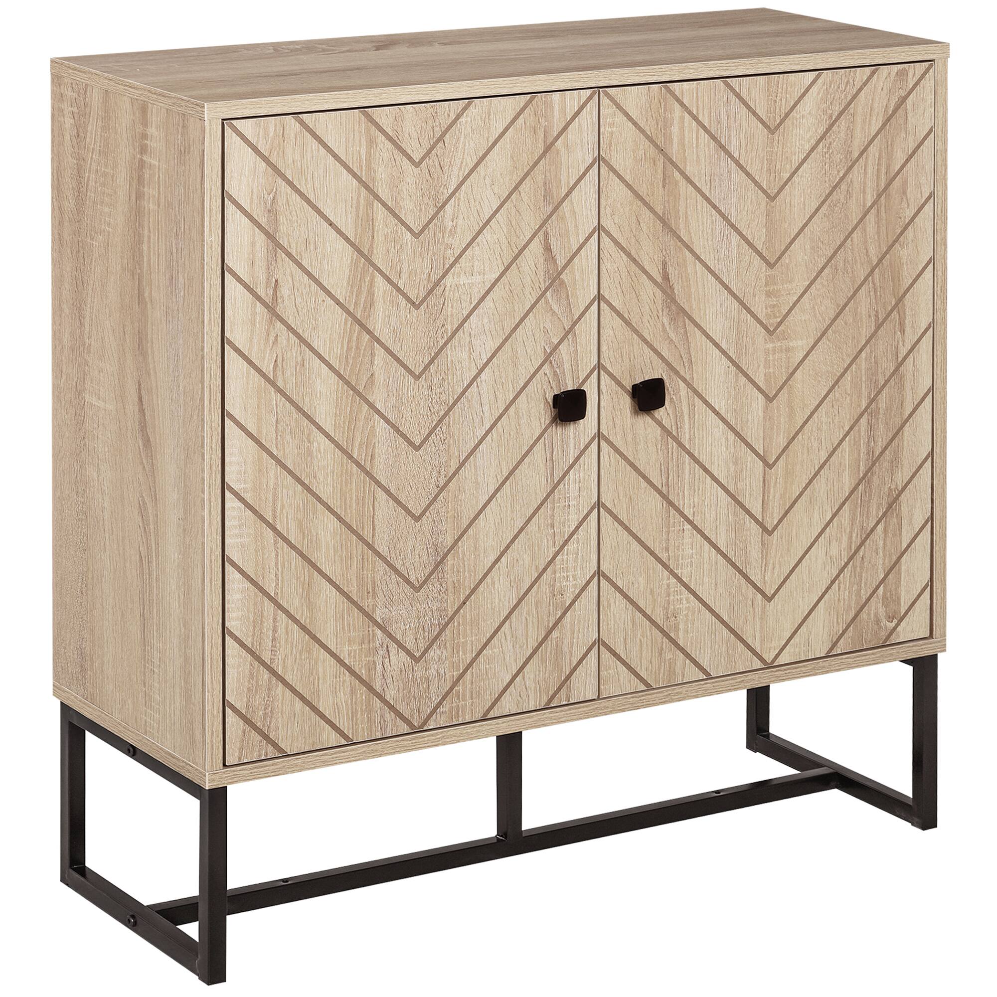 Front. Homcom - Buffet Cabinet, Modern Sideboard with Adjustable Shelf, Steel Base and 2 Chevron Doors - Natural Wood.