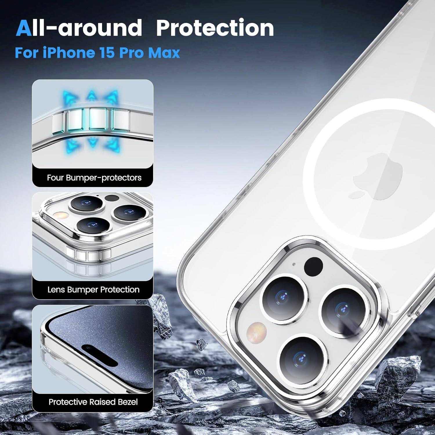 All-around Protection For iPhone 15 Pro Max

Four Bumper-protectors
Lens Bumper Protection
Protective Raised Bezel