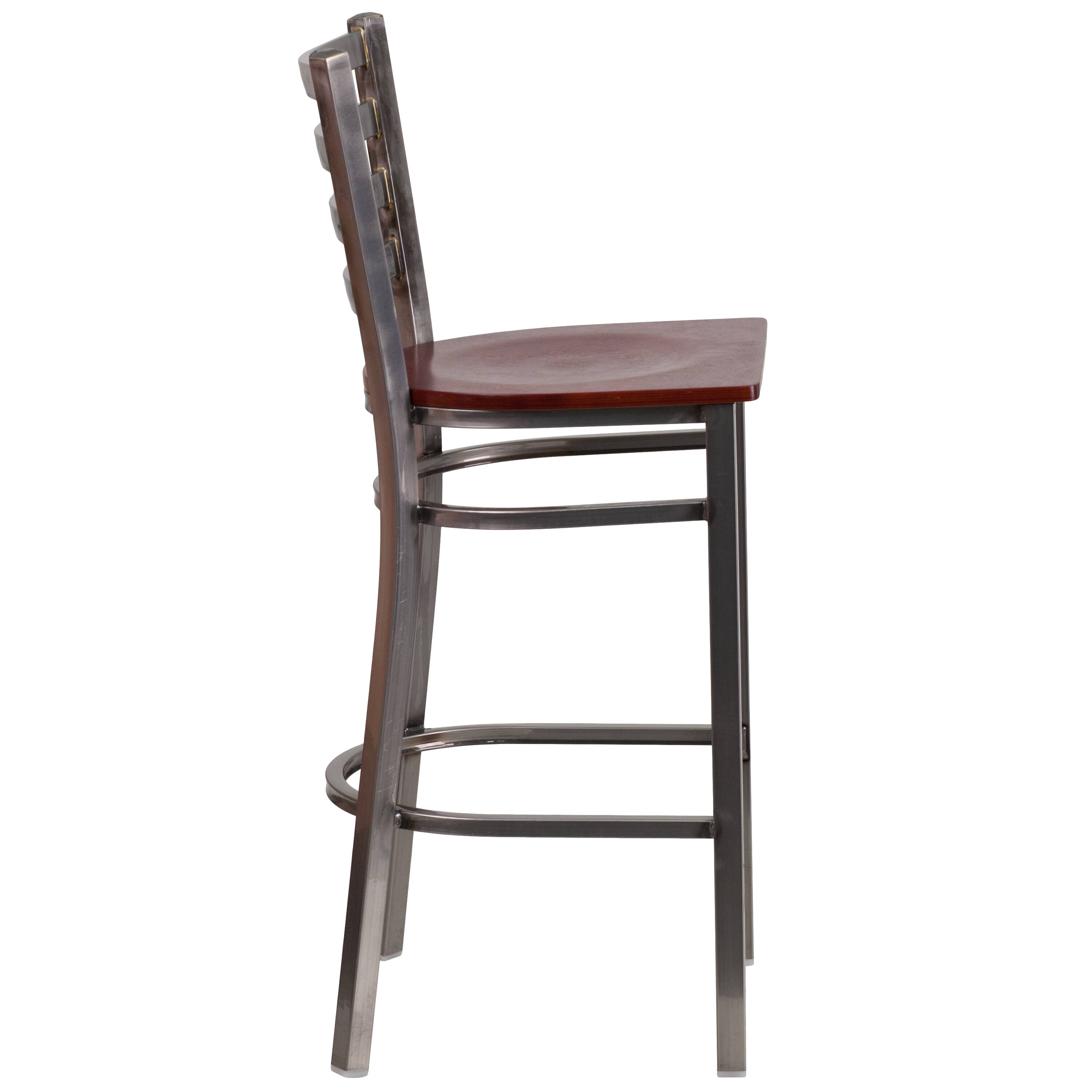 Alt View 4. Emma + Oliver - Clear Coated Ladder Back Metal Restaurant Dining Barstool - Mahogany Wood Seat/Clear Coated Metal Frame.