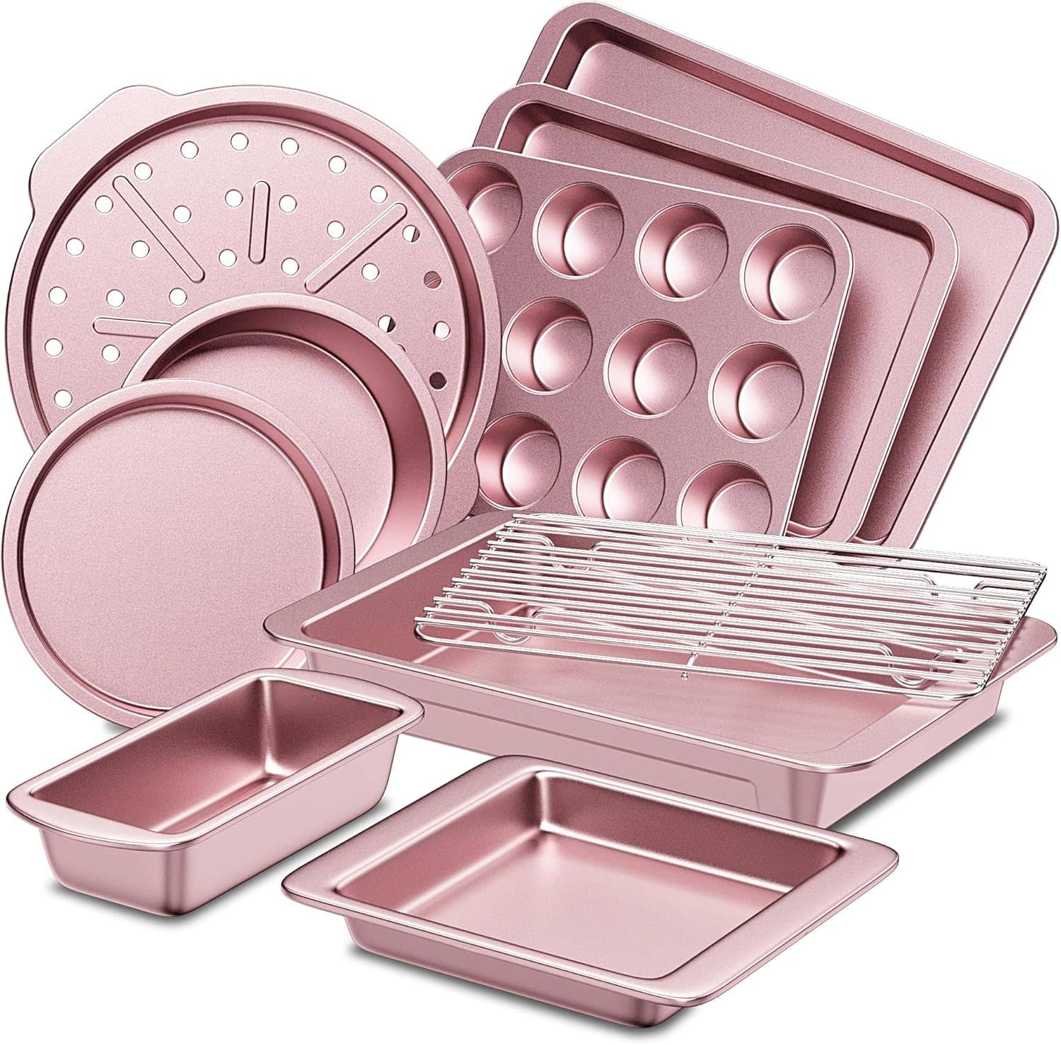 HONGBAKE - 10 Pieces Bakeware Sets Including Rack, Cookie Sheet, Cake Pans, Loaf Pan, Muffin Pan, Pizza Pan - Pink