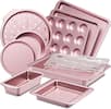 Front. HONGBAKE - 10 Pieces Bakeware Sets Including Rack, Cookie Sheet, Cake Pans, Loaf Pan, Muffin Pan, Pizza Pan - Pink.