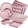 HONGBAKE - 10 Pieces Bakeware Sets Including Rack, Cookie Sheet, Cake Pans, Loaf Pan, Muffin Pan, Pizza Pan - Pink