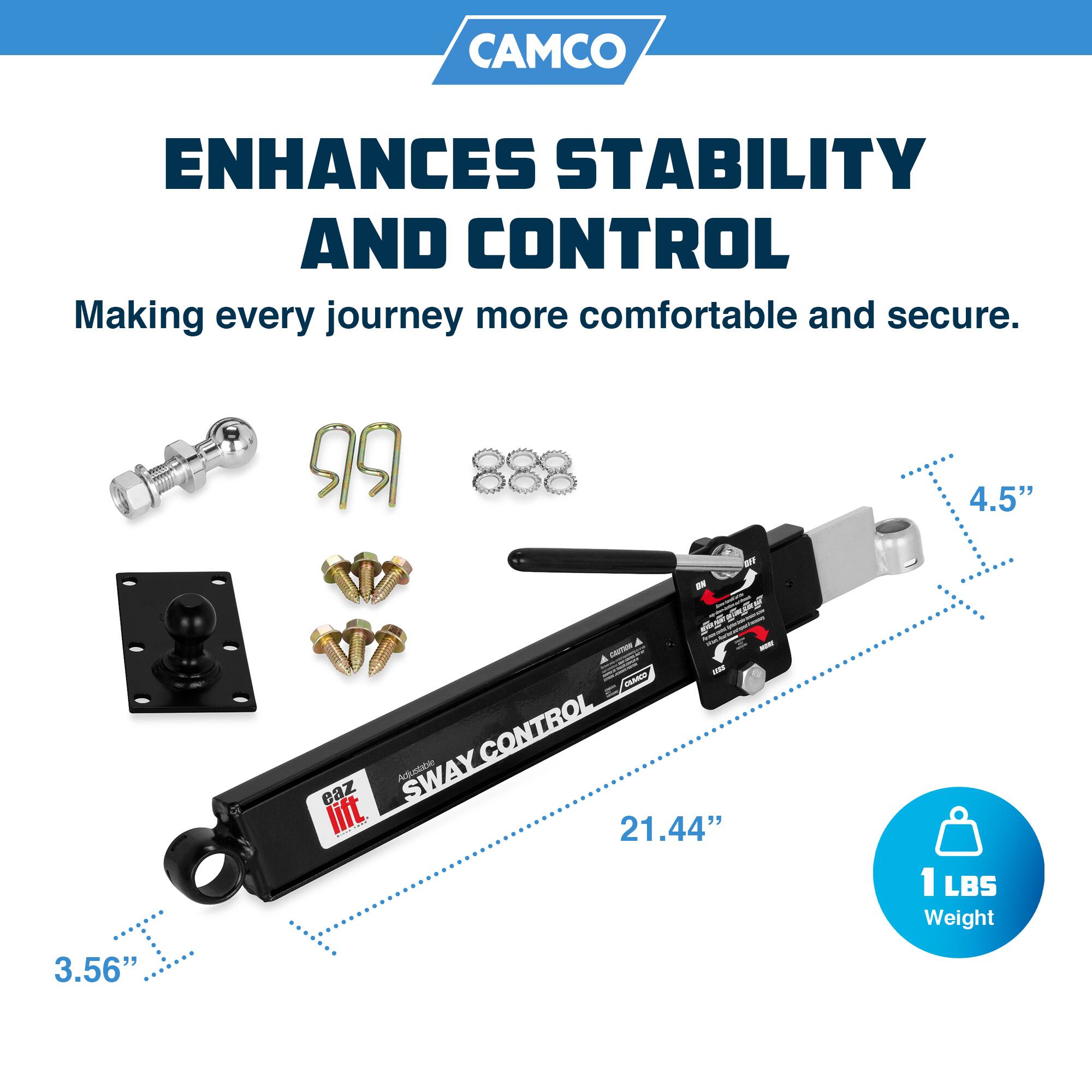 CAMCO  
ENHANCES STABILITY AND CONTROL  
Making every journey more comfortable and secure.  

RR 888 B 4.5"  
CAMN - - R CONTROL  
Abntia SWAY eaz lift  

21.44"  
1 LBS Weight  
3.56"