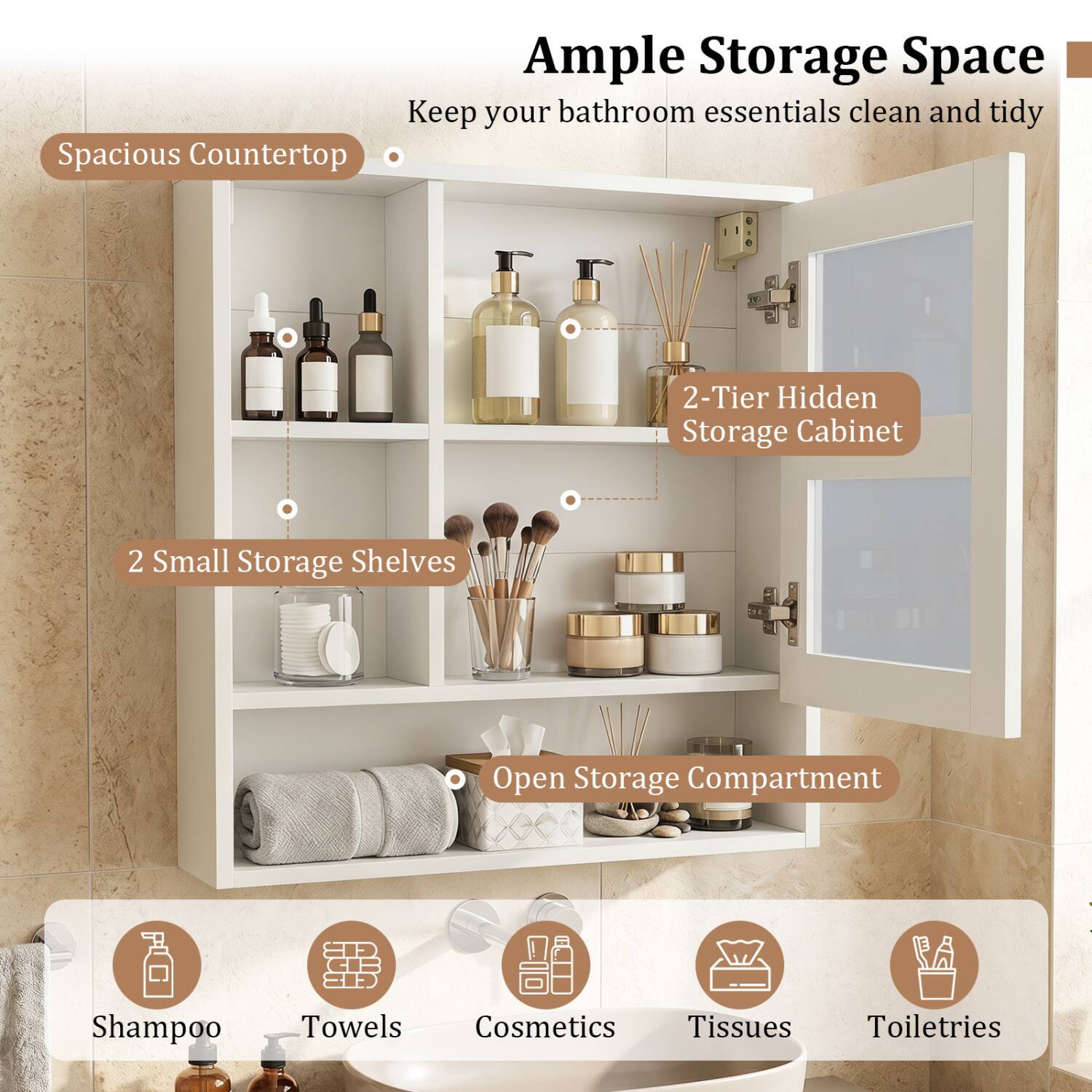 WELLFOR Wall Mounted Bathroom Mirror Cabinet with 2 Hidden Shelves and ...