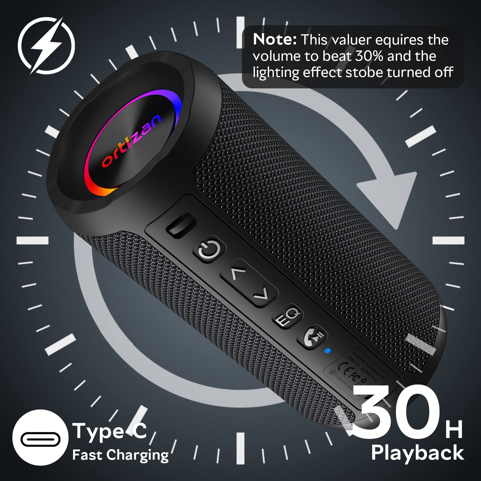 ortizan

Note: This valuer requires the volume to beat 30% and the lighting effect stobe turned off

Type C Fast Charging

30 H Playback