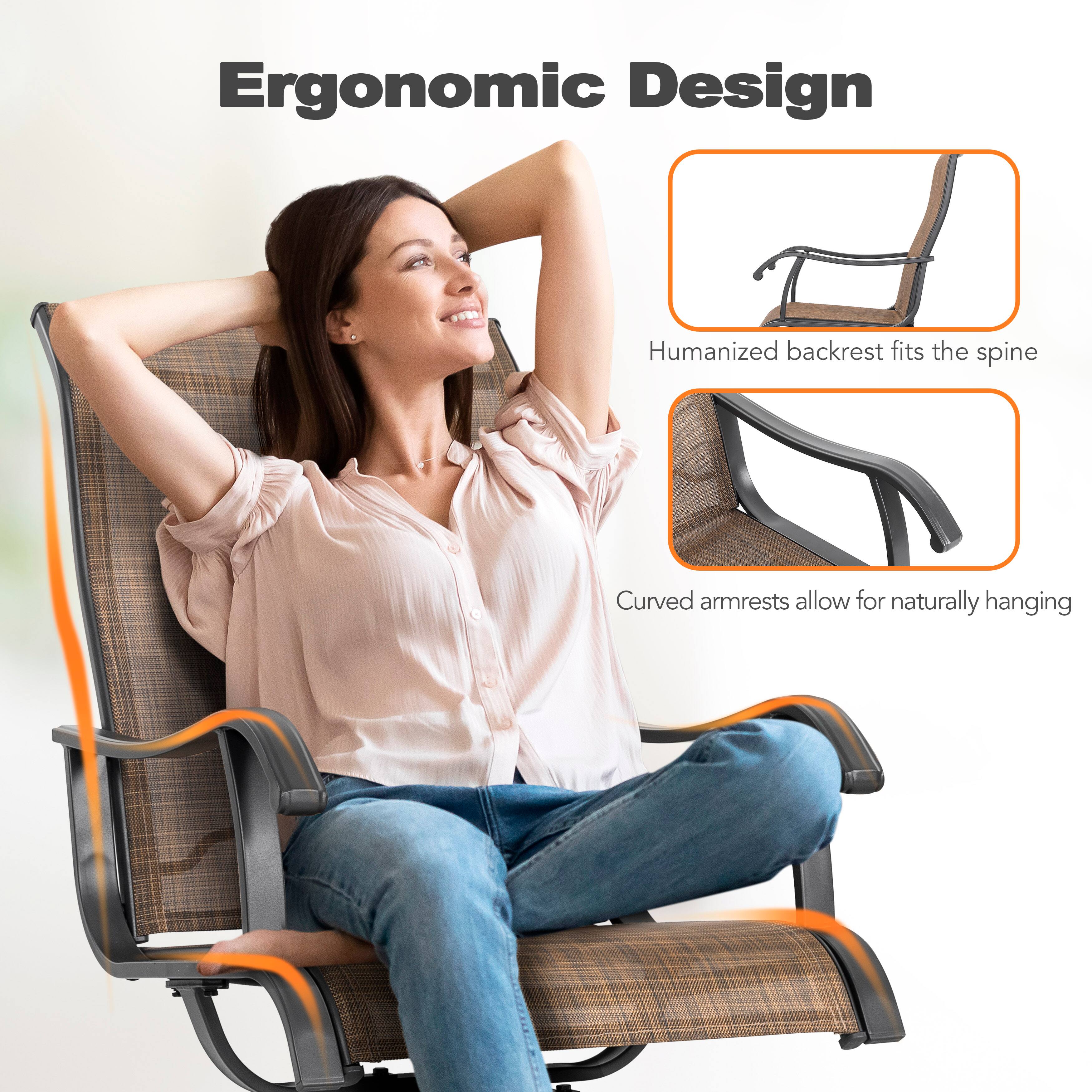 Ergonomic Design

- Humanized backrest fits the spine
- Curved armrests allow for naturally hanging