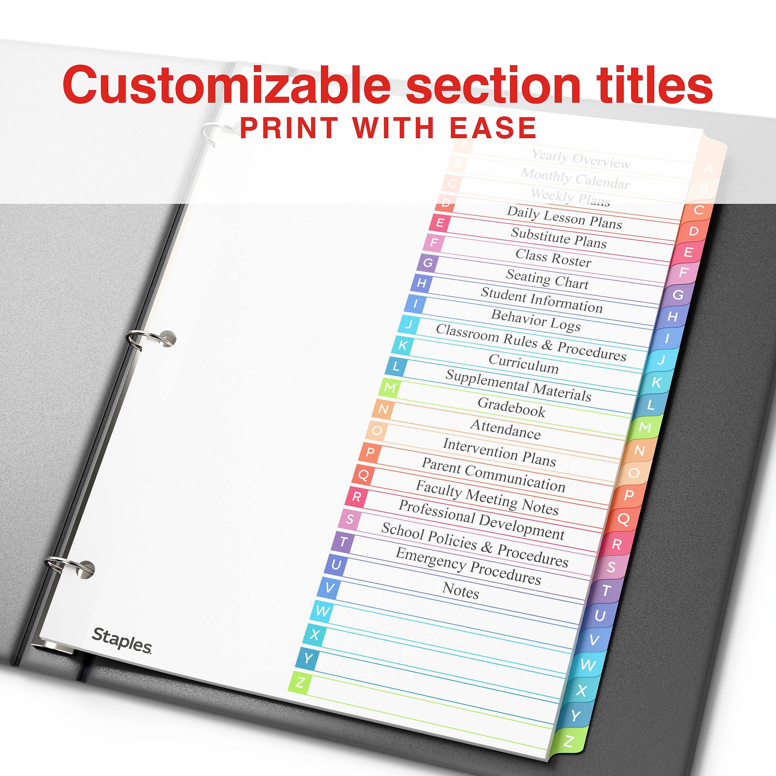 Staples Durable Paper A‑Z Alphabetical Dividers, 26‑Tabs Multicolor ...