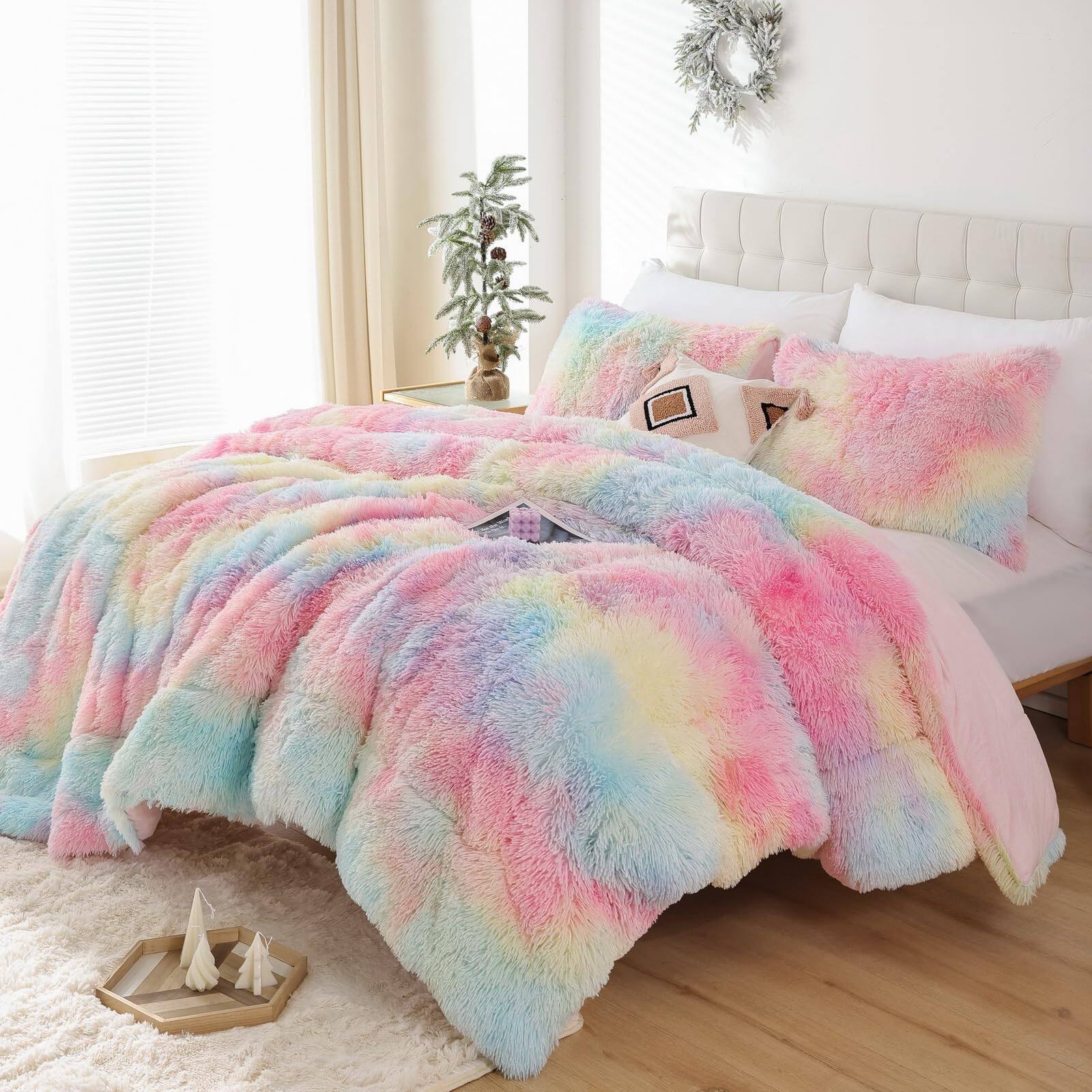 Left. Earthley Blooms - Fluffy Queen Comforter Set Faux Size Luxury Fuzzy Bedding Soft Shaggy Bed For All Season 3 Pieces 1 2 - Grey-Full.