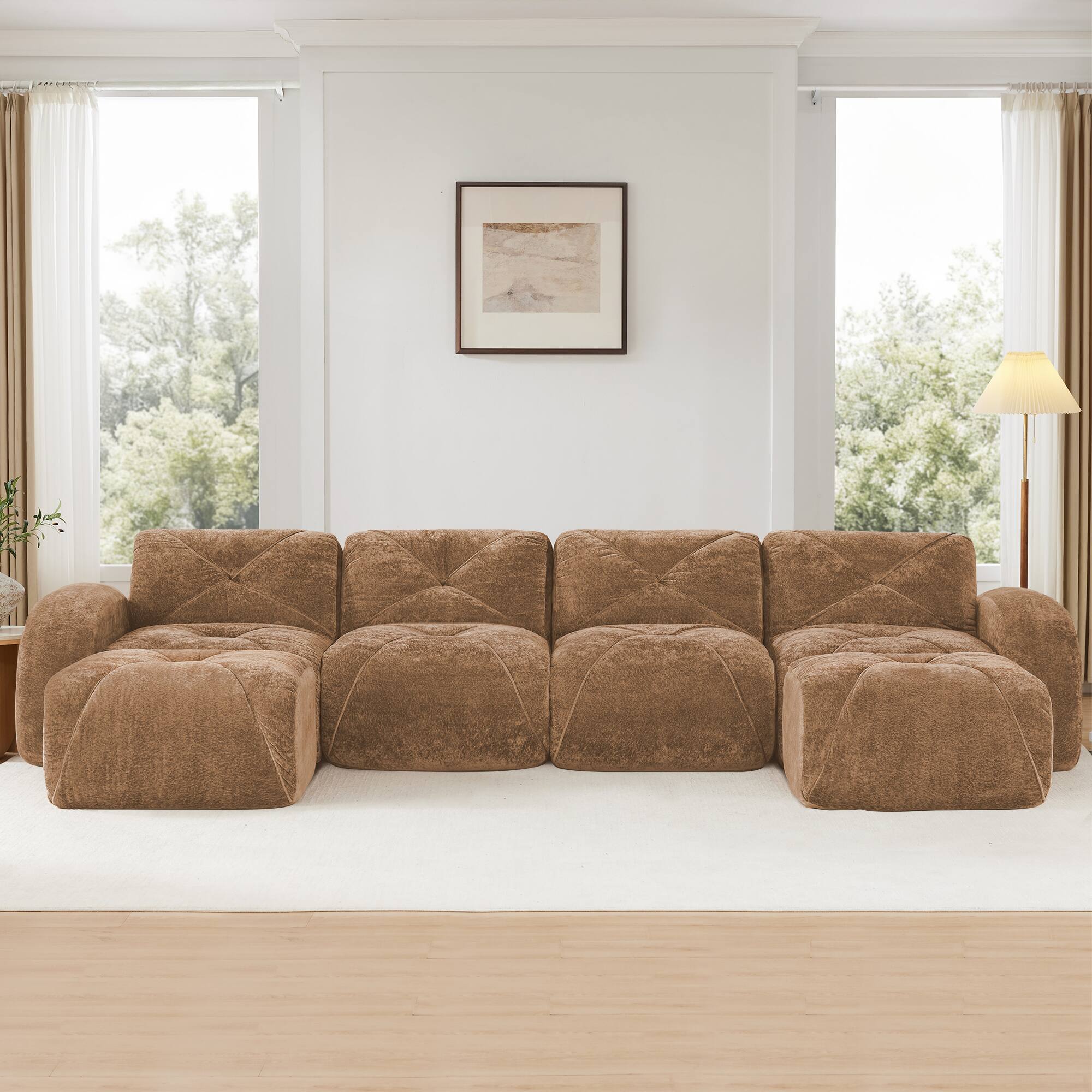 Left. Aukfa - U-Shaped Boneless Tufted Sofa - 32D High Density Sponge, Free Combination, No Assembly, with Ottomans - Camel.