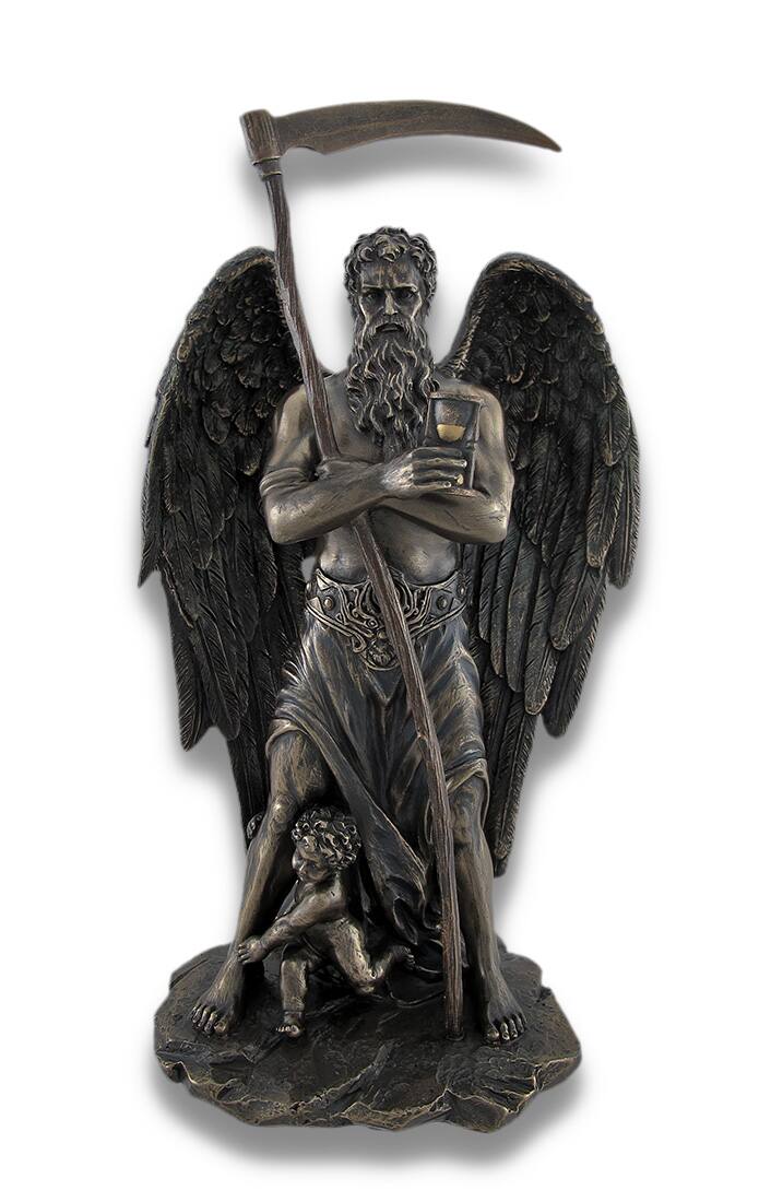 Front. Veronese Design - Father Time Chronos Standing with Child Playing at His Feet - Brown.