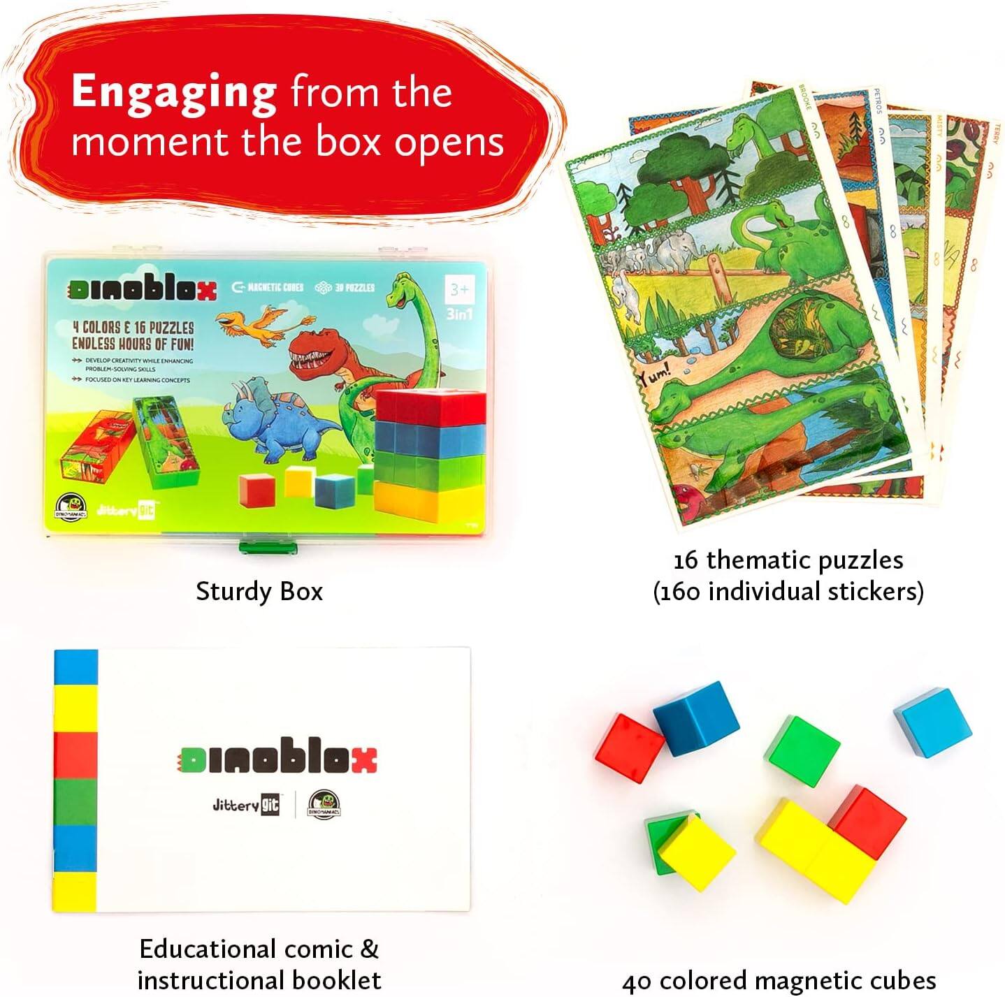 Engaging from the moment the box opens

- 4 colors & 16 puzzles
- Endless hours of fun!
- Problem-solving & enhancing
- Focused on early learning concepts

Sturdy Box

16 thematic puzzles (160 individual stickers)

Educational comic & instructional booklet

40 colored magnetic cubes