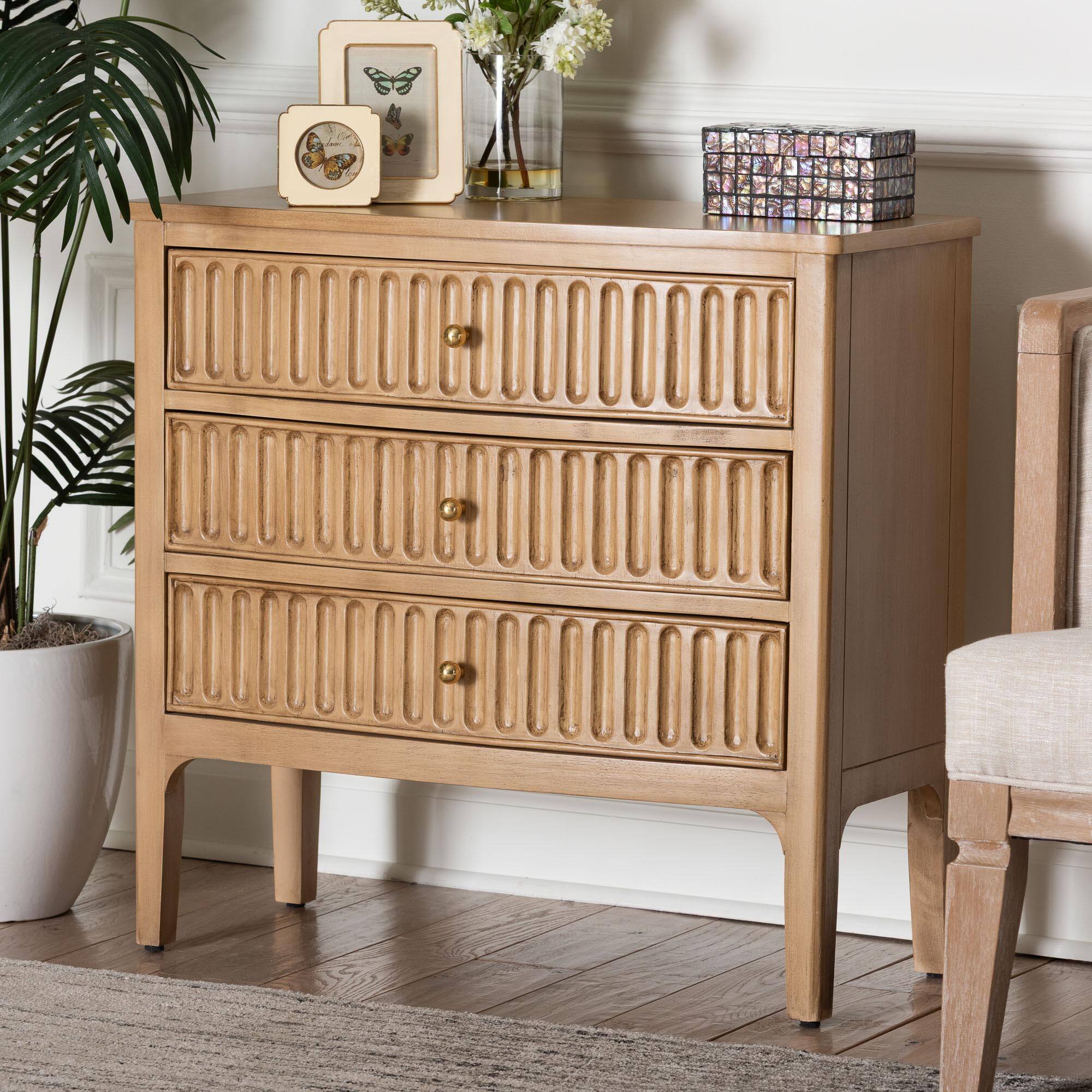 Alt View 5. bali & pari - bali & pari Lavi Fluted Wood Chest - 3-Drawer Storage Chest with Textured Drawer Fronts and Round Knobs for Bedroom - Antique Beige.