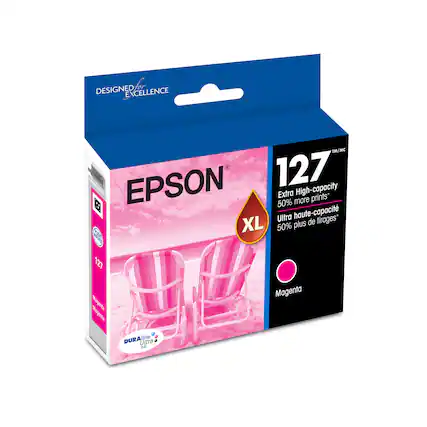 Designed for Excellence TM MC EPSON 127 Extra High-capacity 50% more prints* haute-capacit Ultra de tirages* XL 50% plus AV NNd 127 lagenta So agenta DURABrN Brite Ultra INC Magenta