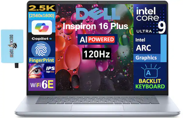 Sure, here is the corrected and grouped text from the image:
- **DELL Inspiron 16 Plus**
- **2.5K (2560x1600)**
- **intel CORE 9 ULTRA**
- **AI POWERED**
- **120Hz**
- **Intel ARC Graphics**
- **FingerPrint**
- **IPS Super Clear**
- **WiFi 6E**
- **BACKLIT KEYBOARD**
- **Copilot**
- **DOCK TORM**