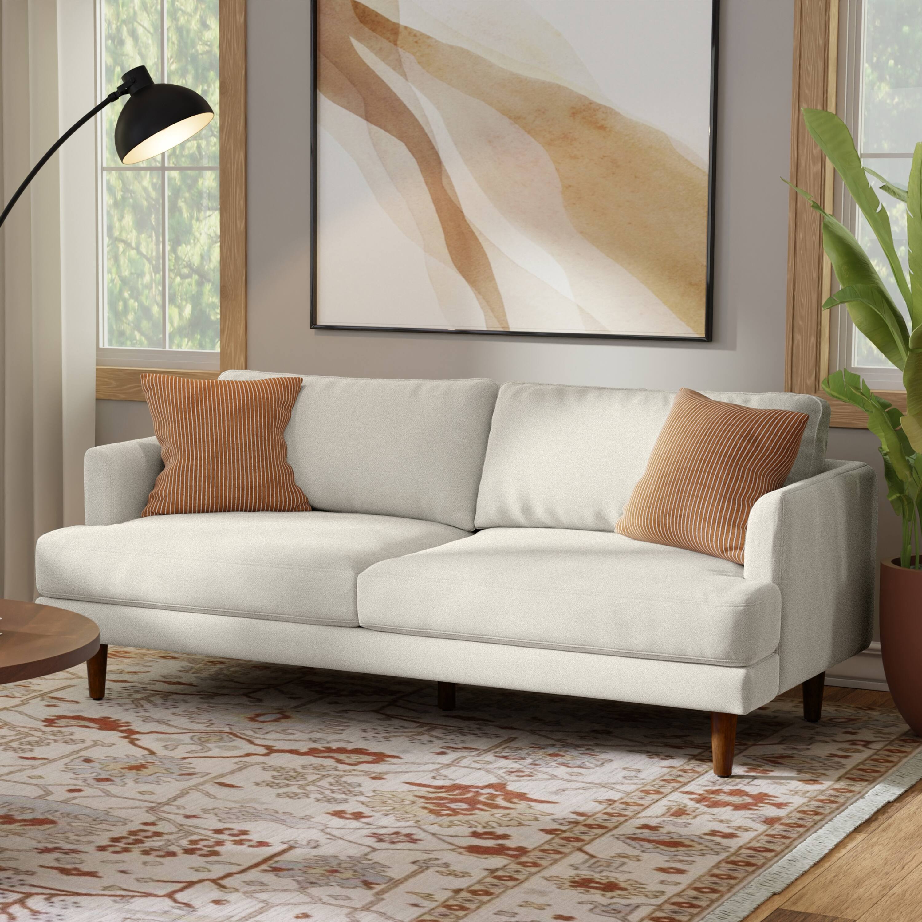 Angle. Simpli Home - Livingston 76 inch Wide Mid-Century Modern Loveseat Sofa in Cream White Woven-Blend Fabric - Cream White.