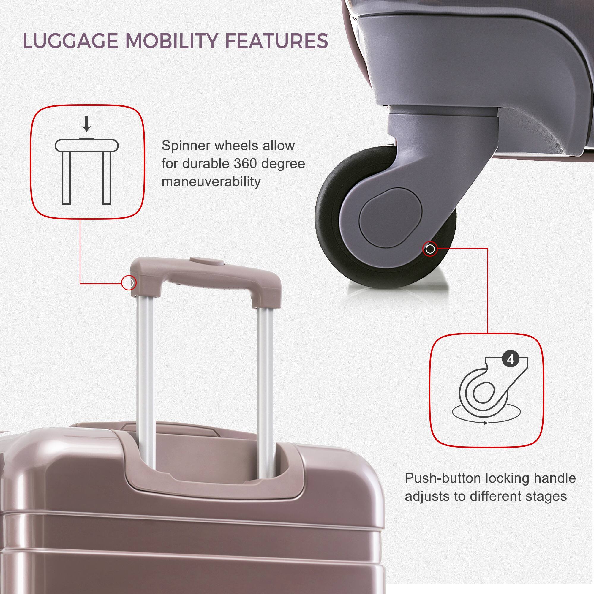 LUGGAGE MOBILITY FEATURES

Spinner wheels allow for durable 360 degree maneuverability

Push-button locking handle adjusts to different stages