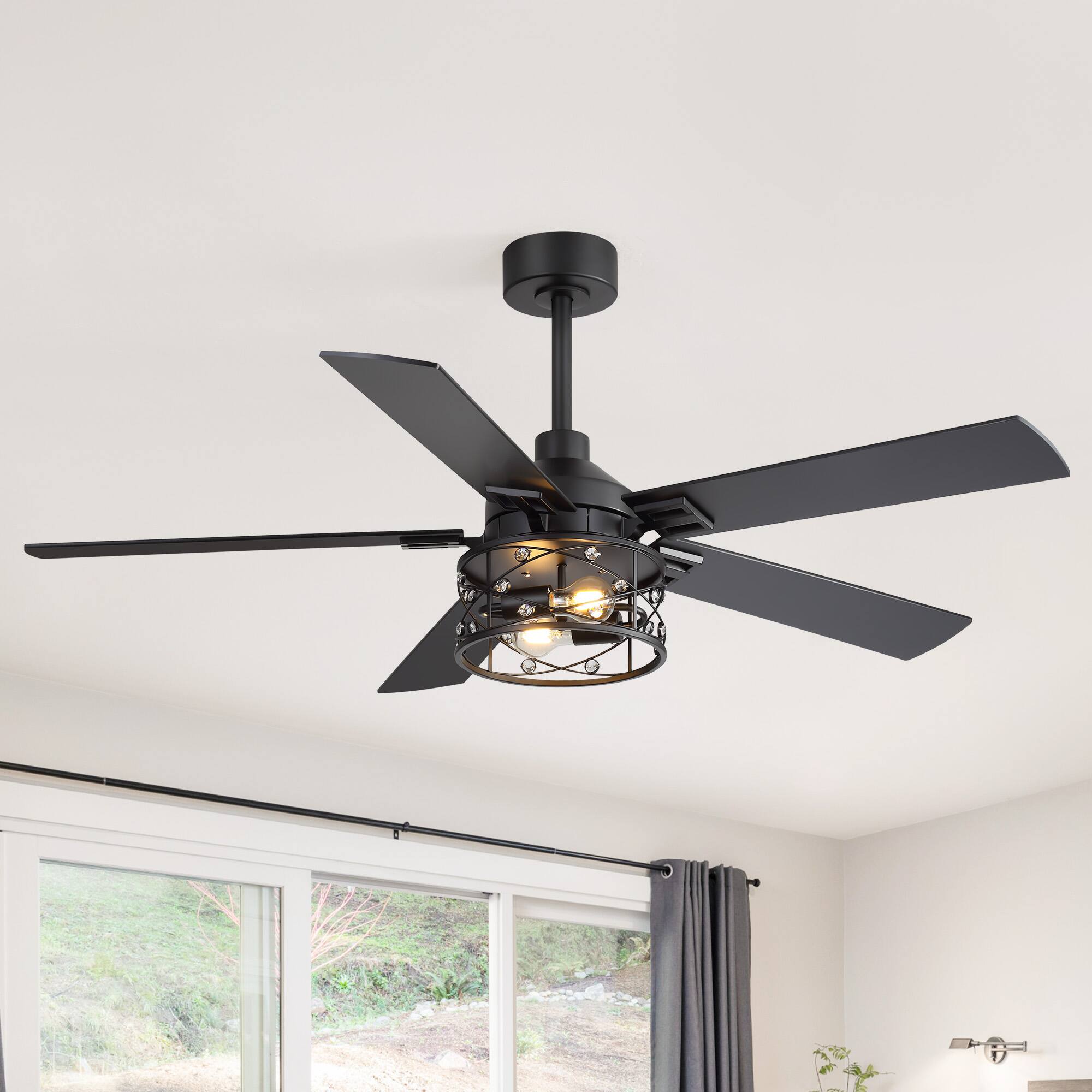 Angle. Breezary - 52-In Ceiling Fan with Crystal Light Fixture, 5 Reversible Plywood Blades, DC Motor, Remote Control, Includes 2 Downrods - matte black and walnut.