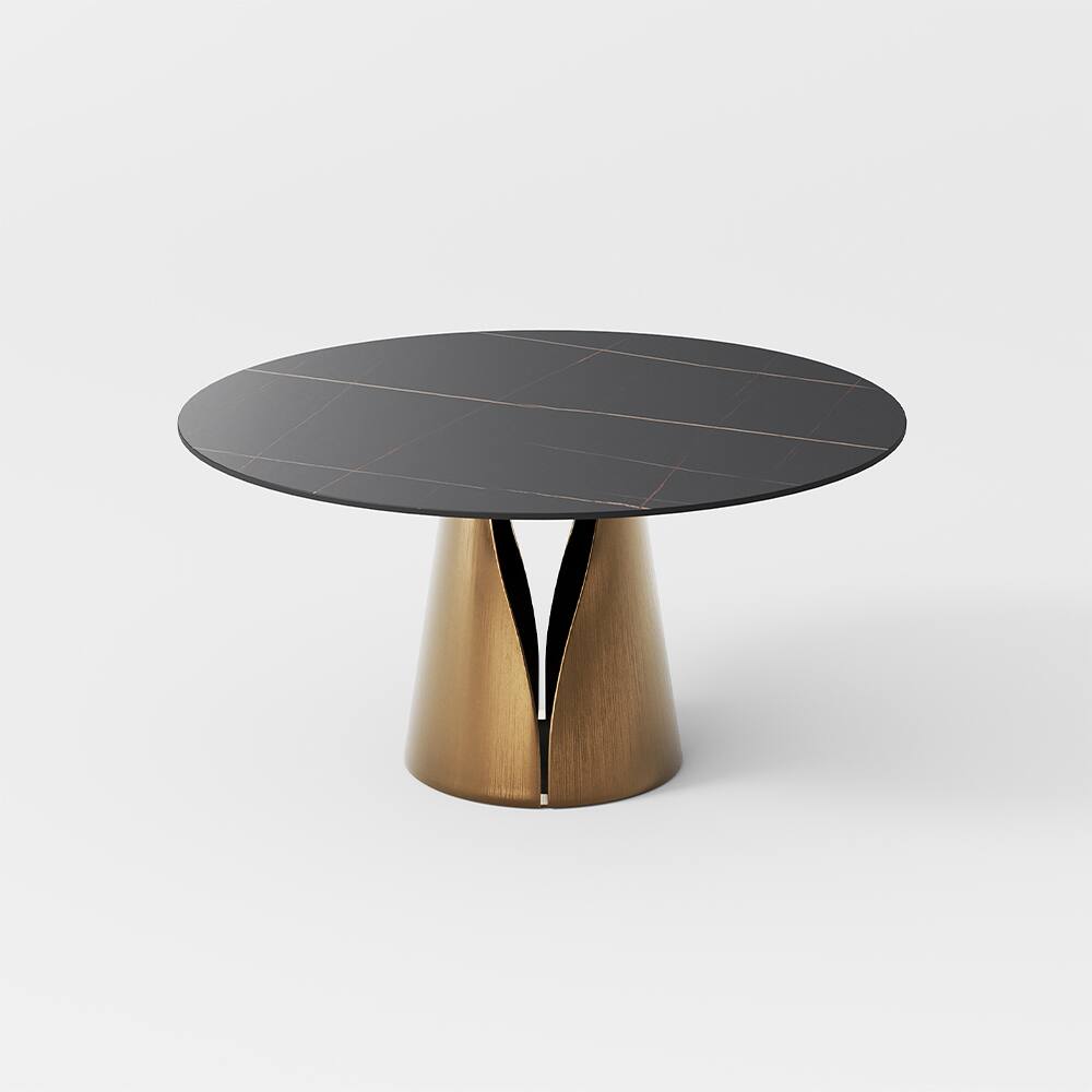 Alt View 9. POVISON - 47" Modern Black Round Dining Table for 4, Matte Sintered Stone Tabletop, Bronze Carbon Steel Base - Matte Black Sintered Stone & Bronze Steel Base.