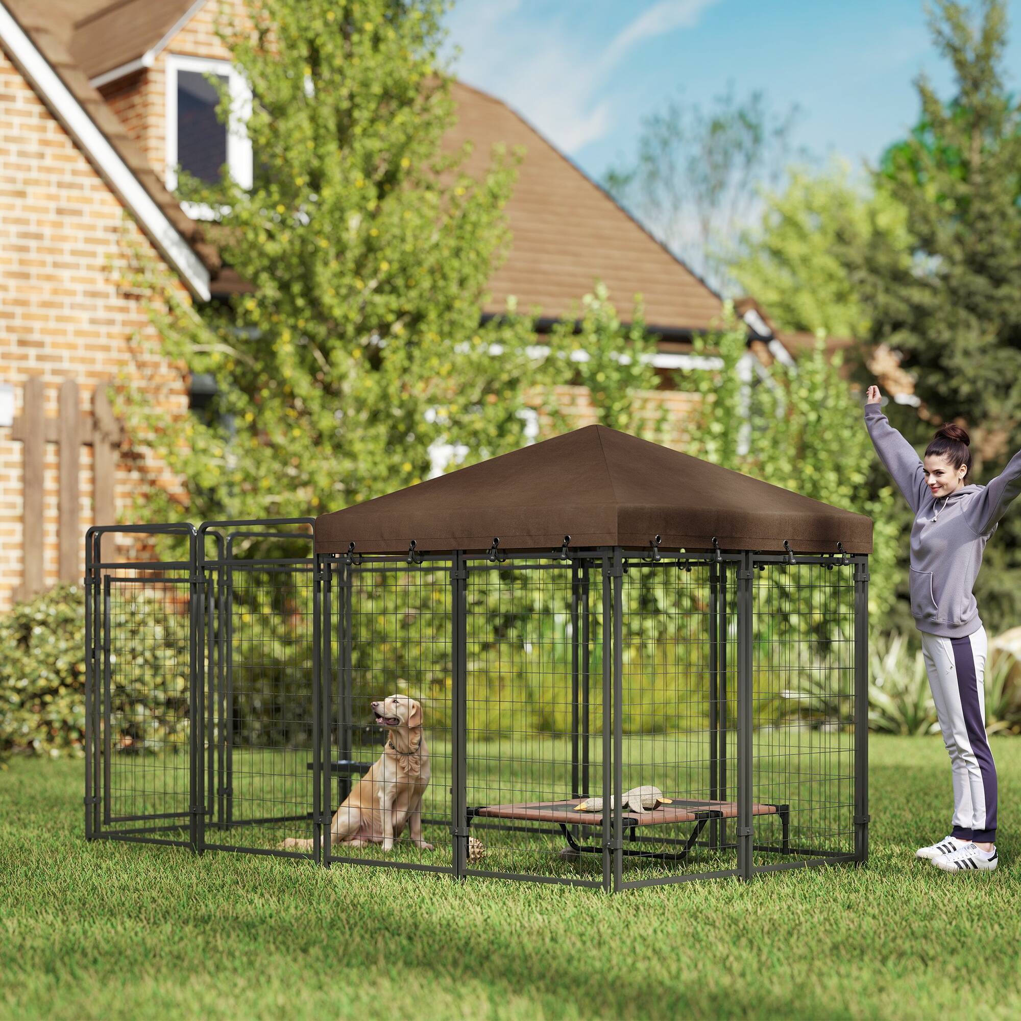 Alt View 4. Pawhut - Dog Kennel Outdoor, Waterproof Canopy, Run, Galvanized Chain Link, Secure Lock, Large, Medium, 9.3'x4.6'x5.2'.