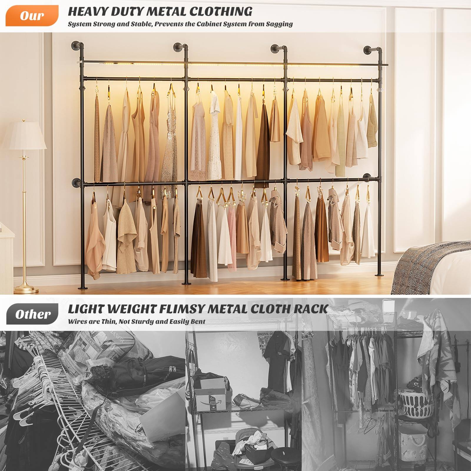 Our HEAVY DUTY METAL CLOTHING System Strong and Stable, Prevents the Cabinet System from Sagging

LIGHT WEIGHT FLIMSY METAL CLOTH RACK Other Wires are Thin, Not Sturdy and Easily Bent