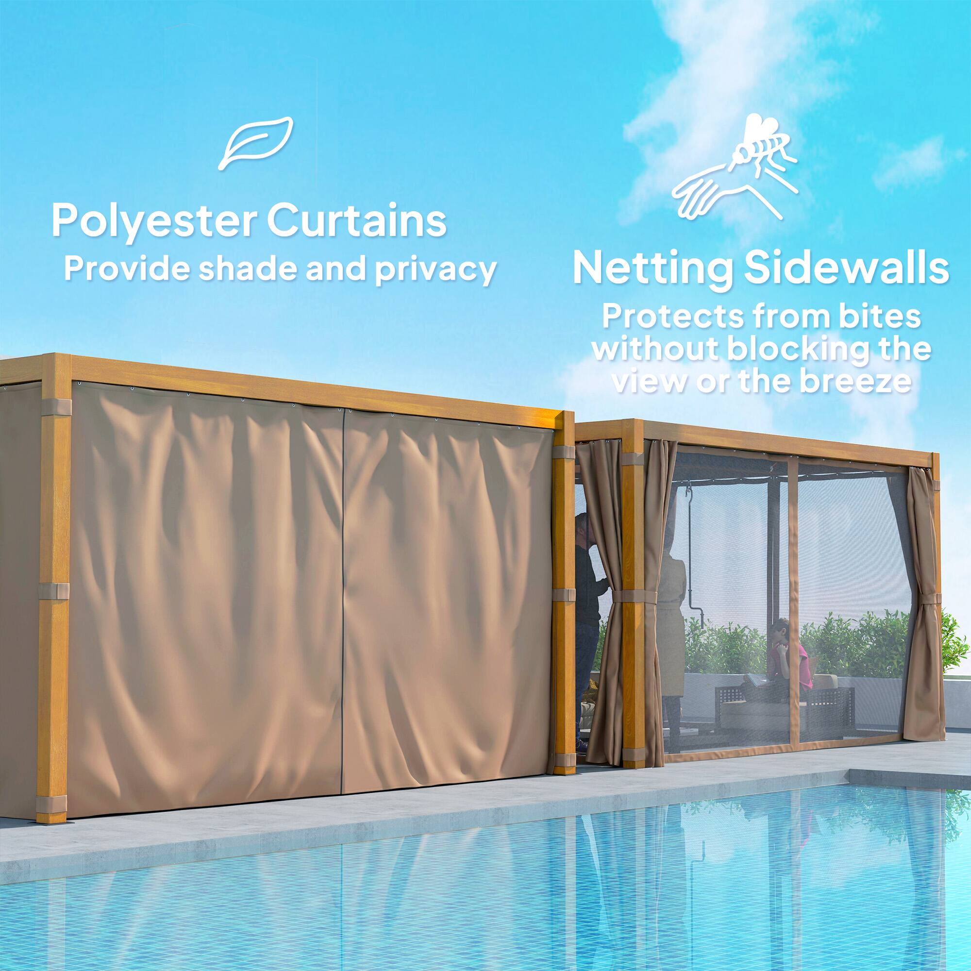 Polyester Curtains Provide shade and privacy
Netting Sidewalls Protects from bites without blocking the view or the breeze