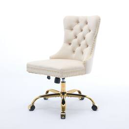 Vaczon - Modern Velvet Tufted Office Chair with Adjustable Height, Swivel Function and Gold Metal Base - Beige