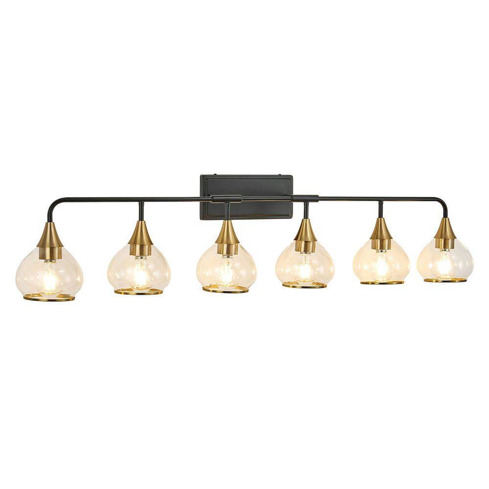 Left. Kadyn - 48" Modern 6-Light Vanity Wall Sconce - Black and Gold Bathroom Light Fixture with Clear Glass Shades, Black Gold - Gold.