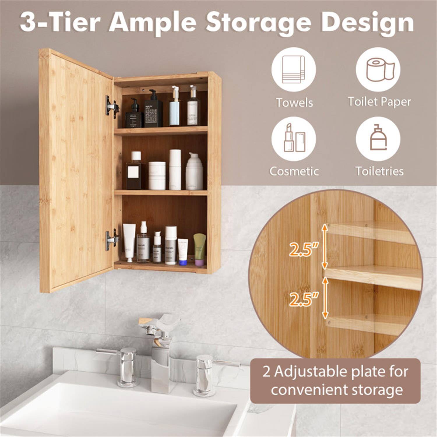 3-Tier Ample Storage Design  
Towels  
Toilet Paper  
Cosmetic  
Toiletries  

2.5"  
2.5"  

2 Adjustable plate for convenient storage