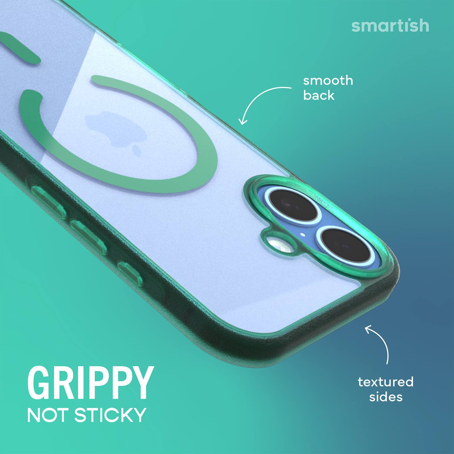 smartish  
smooth back  
GRIPPY NOT STICKY  
textured sides