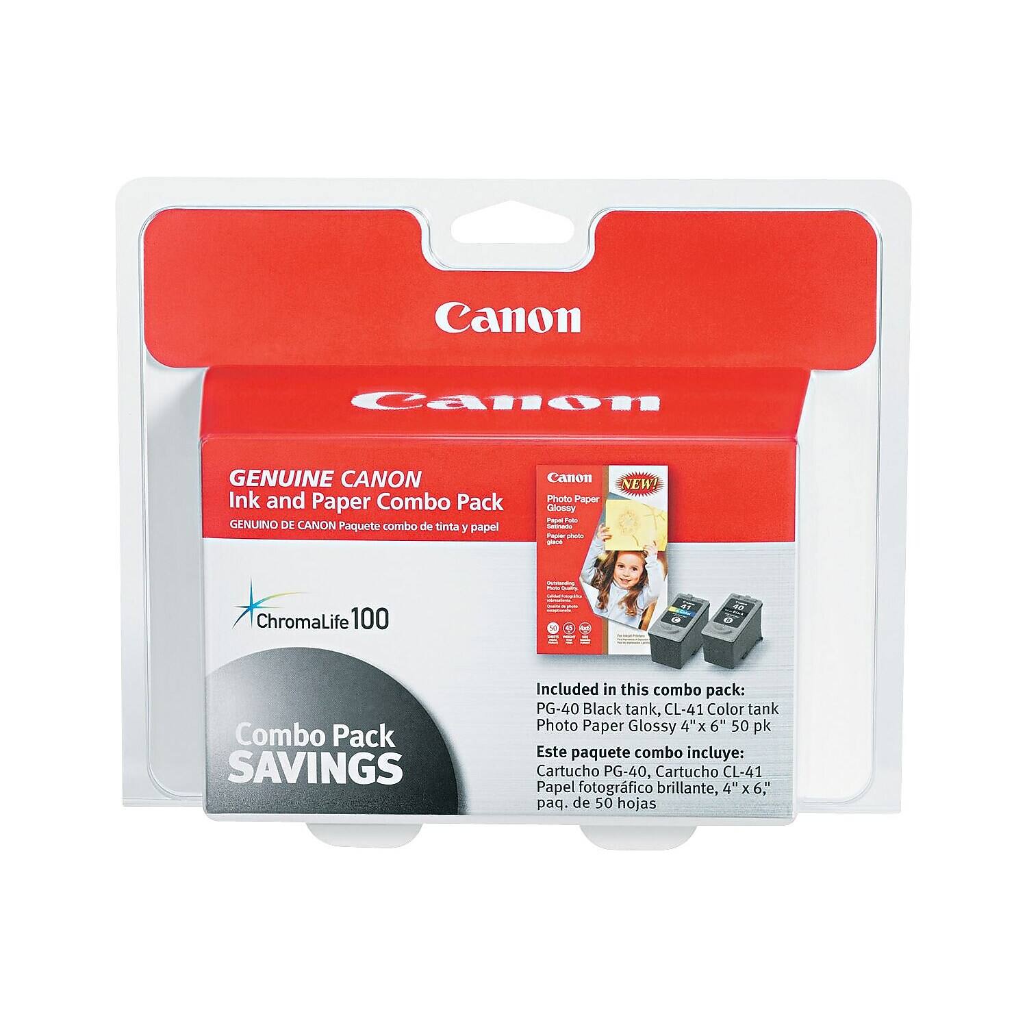 Canon Genuine Canon Ink and Paper Combo Pack  
ChromaLife 100 Combo Pack Savings  

Included in this combo pack:  
PG-40 Black tank, CL-41 Color tank  
Photo Paper Glossy 4" x 6" 50 pk  

Este paquete combo incluye:  
Cartucho PG-40, Cartucho CL-41  
Papel fotográfico brillante, 4"x6", paq. de 50 hojas
